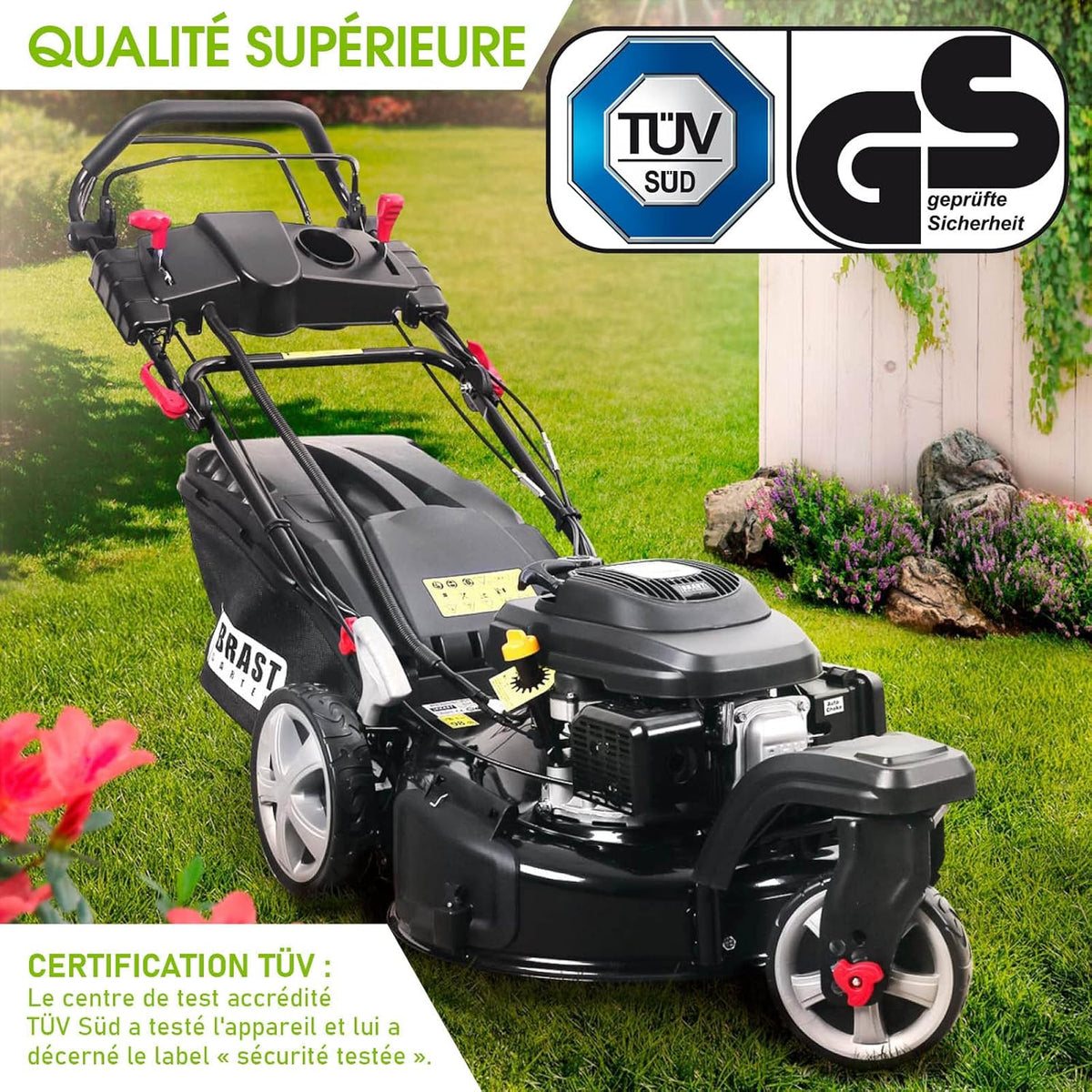 BRAST tondeuse thermique 3 roues TRIKE E-START 224cc 53cm tractée démarrage électrique mulching 4en1 capot en t?le en acier 60l - moteur 4 temps de la marque fran?aise GT reglable