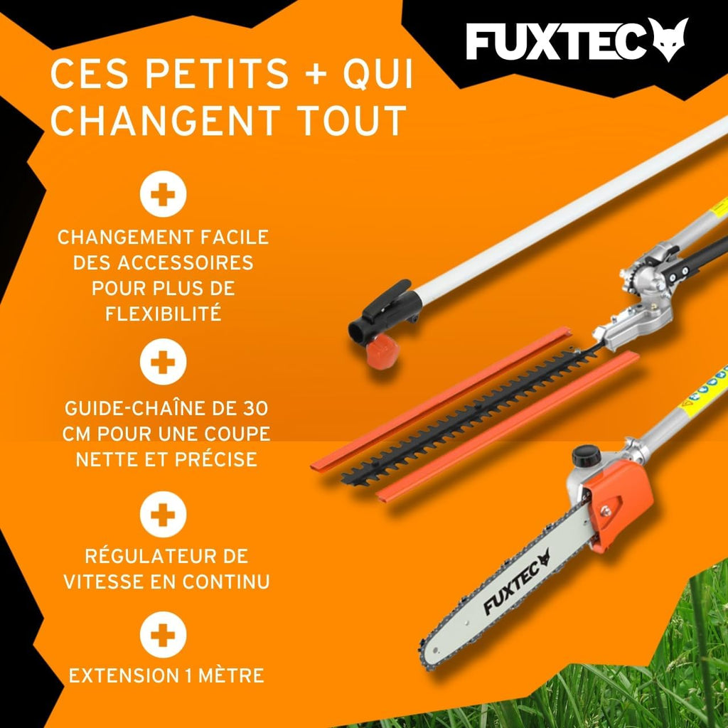Fuxtec Débroussailleuse Thermique Multifonction 5 en 1 Multitool FX-MT152E - Easy Starter 3CV 52 cm3, Moteur 2 Temps, élagueuse Taille Haie Coupe Bordure Avec Fil ou Lame 1 Mètre Rallonge