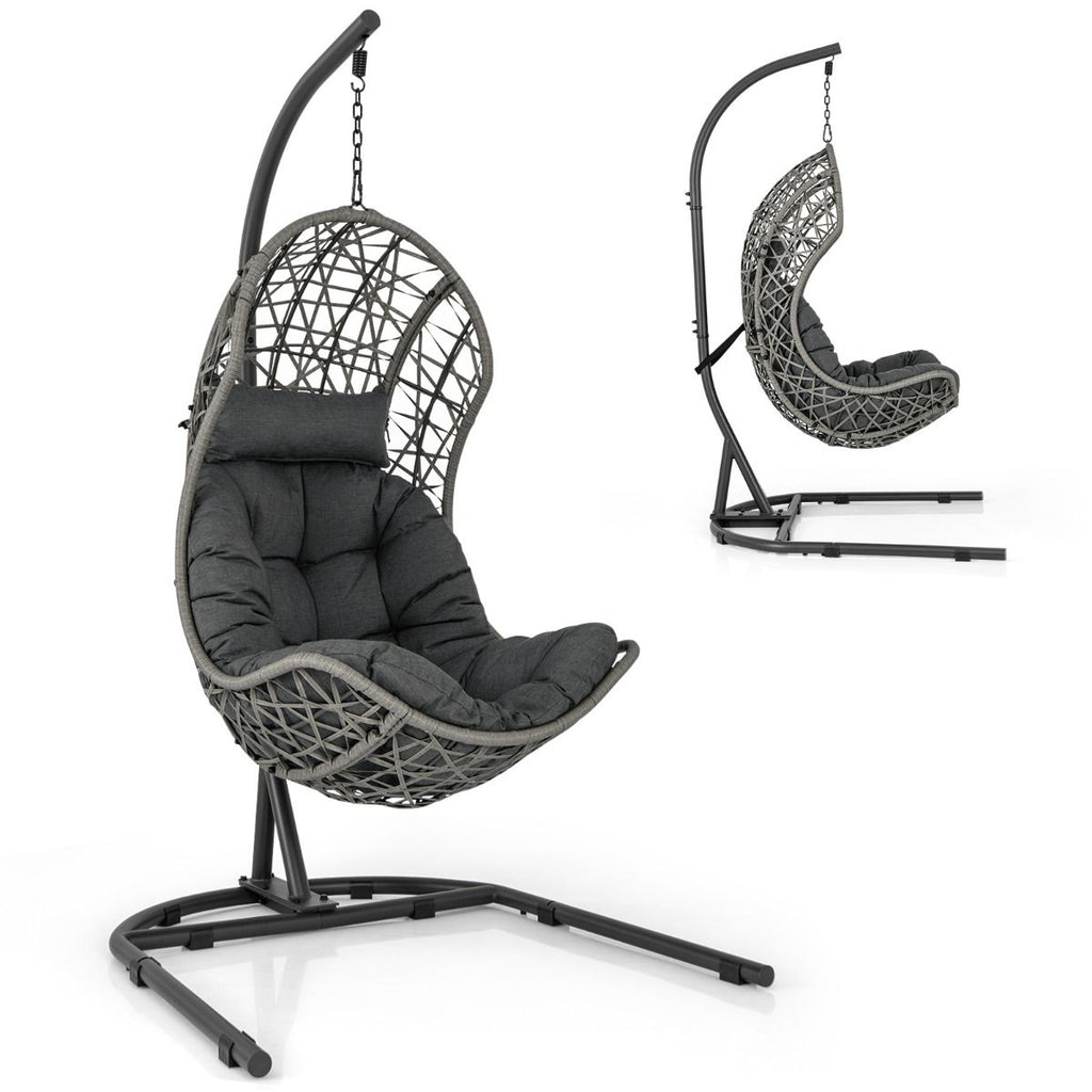 Chaise Oeuf en Rotin PE avec Support avec Oreiller et Coussin Chaise Suspendue avec Accessoires de Suspension Capacité 160 Kg Gris