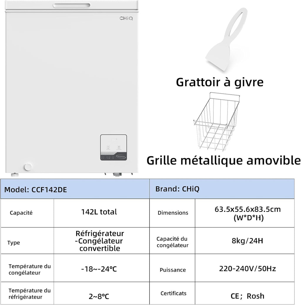 Congélateur coffre CHiQ 142L, 63,5 x 55,6 x 83,5cm, Congélateur Inverter, Affichage de la température extérieure, Mode de congélation rapide -32°C, Grille métallique,Faible bruit
