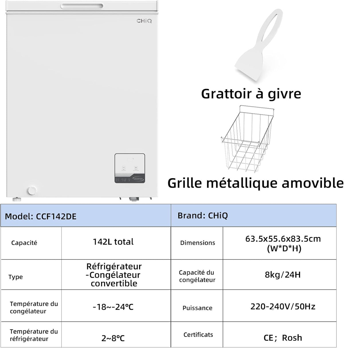 Congélateur coffre CHiQ 142L, 63,5 x 55,6 x 83,5cm, Congélateur Inverter, Affichage de la température extérieure, Mode de congélation rapide -32°C, Grille métallique,Faible bruit