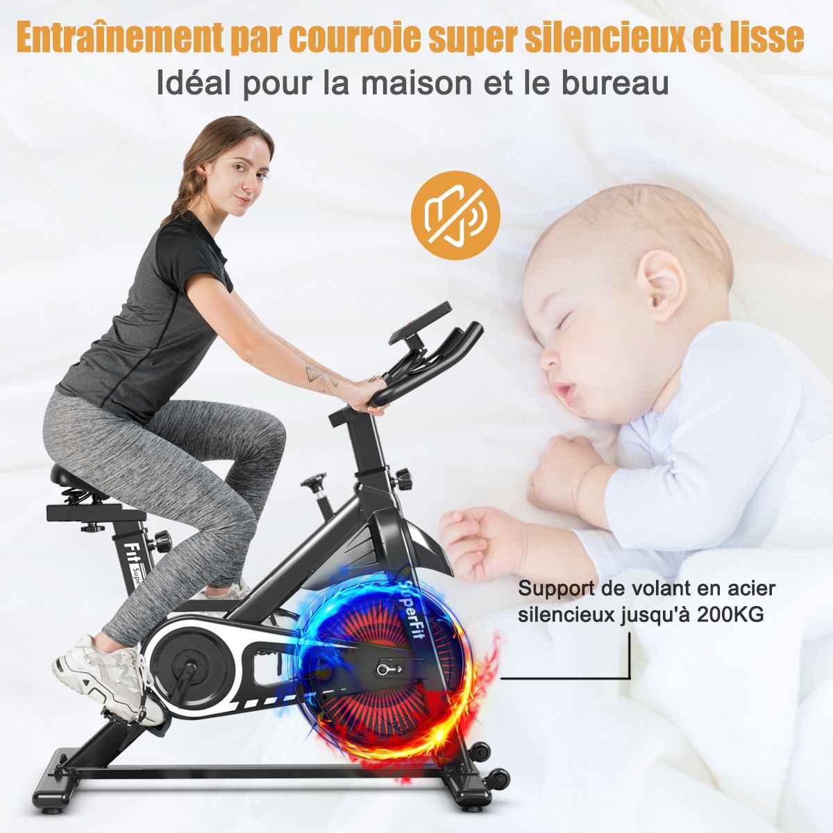 Vélo d’appartement silencieux avec roue et guidon en acier