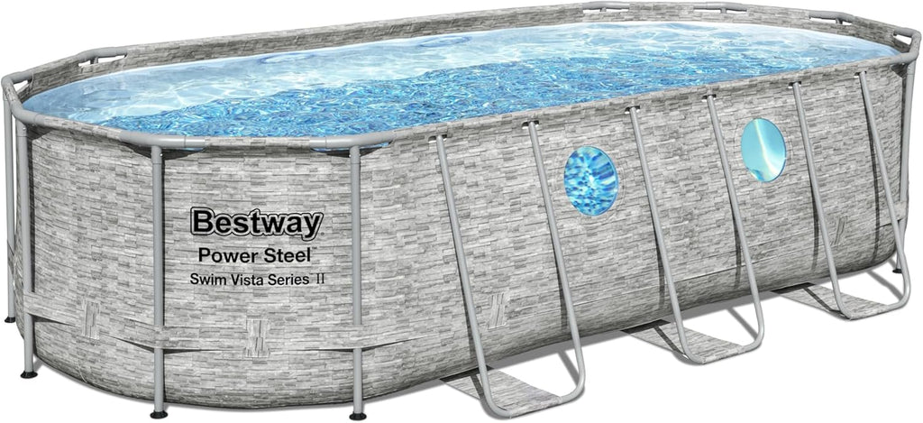 Bestway 56946 Piscine Power Steel? Swim Vista ovale 488 x 305 x 107 cm motif rotin avec hublots, filtration à sable, échelle, bache et diffuseur Chemconnect?