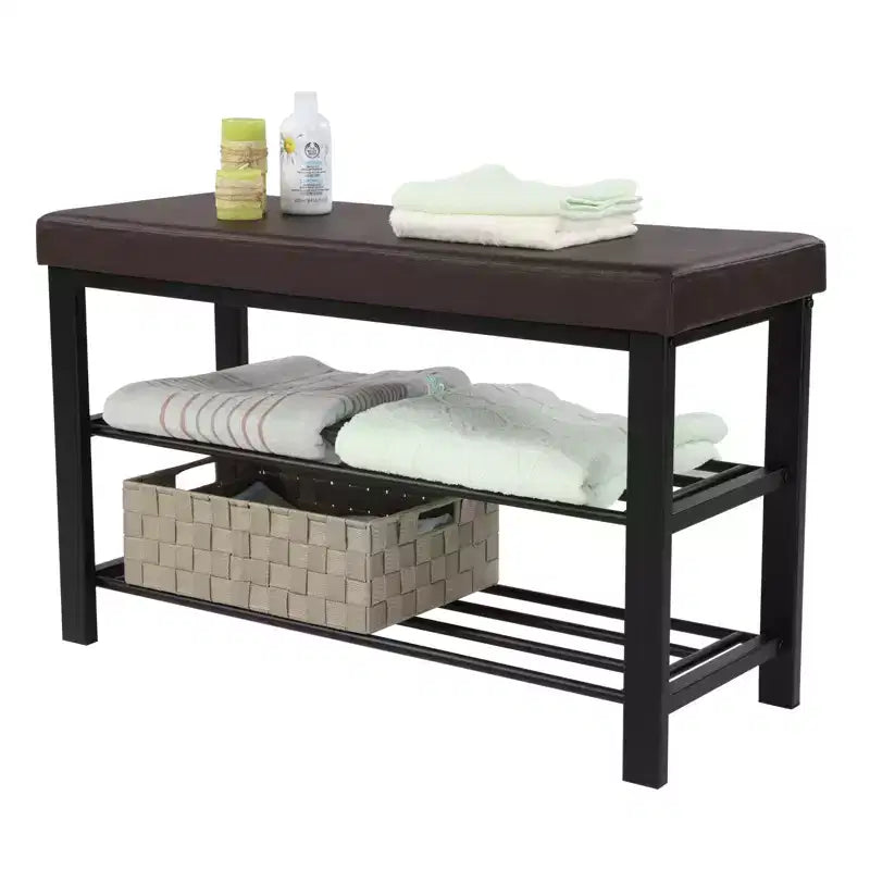 Shoe Bench, 3-Tier Shoe Rack for Entryway, Storage Organizer with Foam Padded Seat, Faux Leather, Metal Frame, for Living Room, Hallway