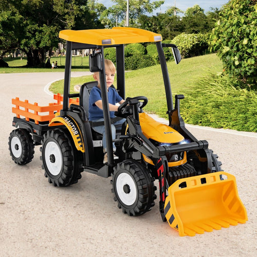 12V Tracteur électrique Enfants avec Pelle&Remorque Amovible Véhicule électrique à 6 Roues avec Télécommande & Musique 3-6 km/h pour 3-8 Ans Jaune/Vert