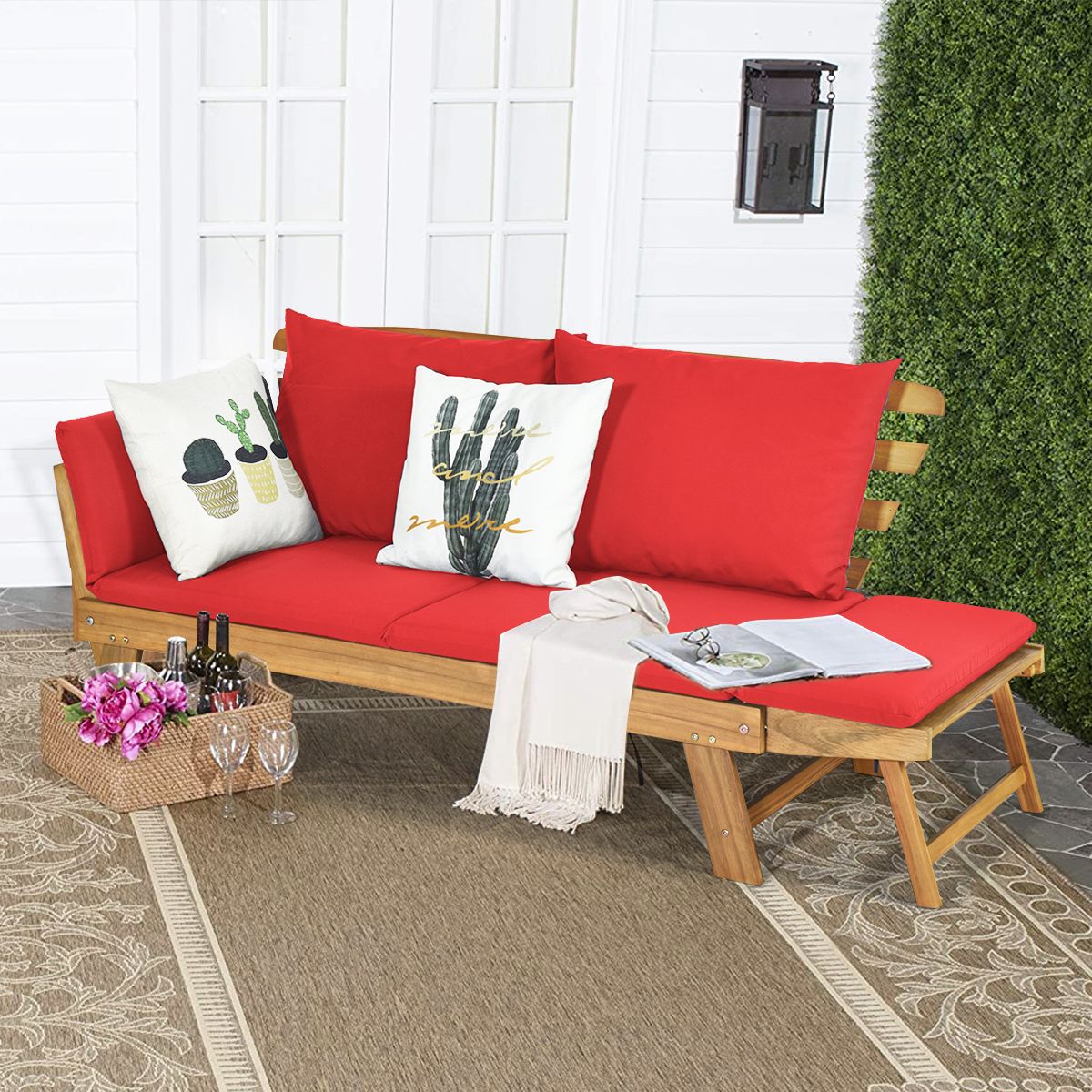 Chaise Longue Convertible avec Coussin Canapé de Jardin 2 en 1 en Bois d’Acacia avec Accoudoir Réglable pour Patio Piscine Jardin Blanc/Gris/Bleu/Rouge