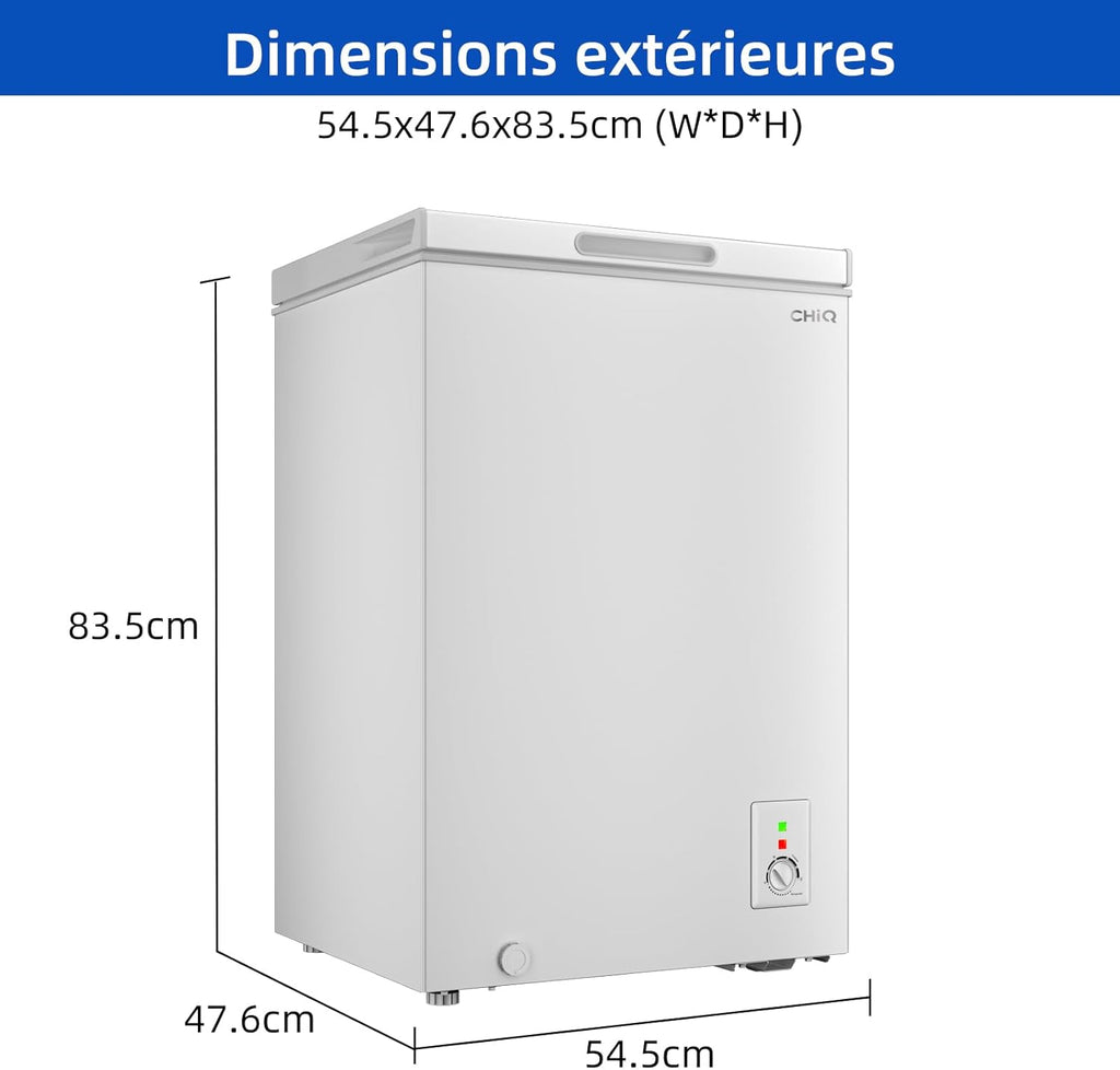 Congélateur coffre CHiQ 142L, 63,5 x 55,6 x 83,5cm, Congélateur Inverter, Affichage de la température extérieure, Mode de congélation rapide -32°C, Grille métallique,Faible bruit