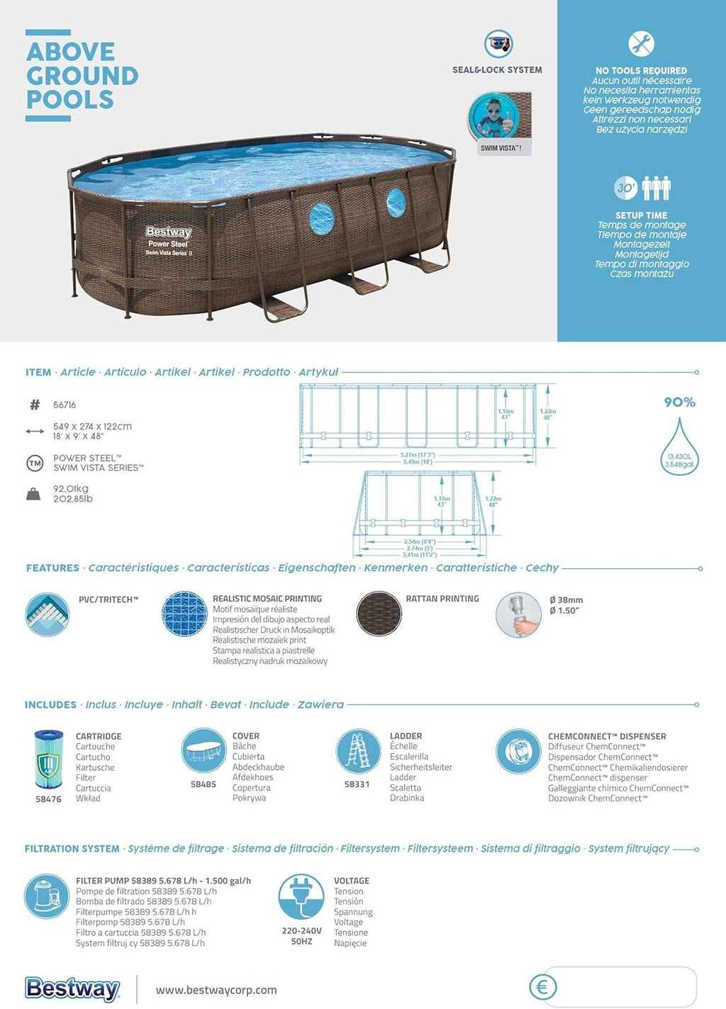 Bestway 56946 Piscine Power Steel? Swim Vista ovale 488 x 305 x 107 cm motif rotin avec hublots, filtration à sable, échelle, bache et diffuseur Chemconnect?