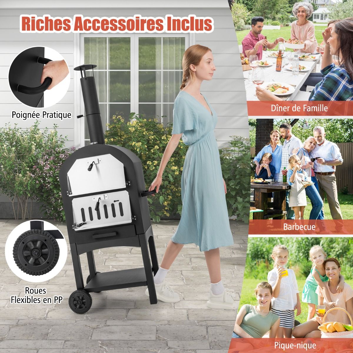 Four à Pizza Extérieur au Charbon avec Pelle à Pizza Pierre à Pizza Housse étanche Cheminée et Thermomètre Double Noir