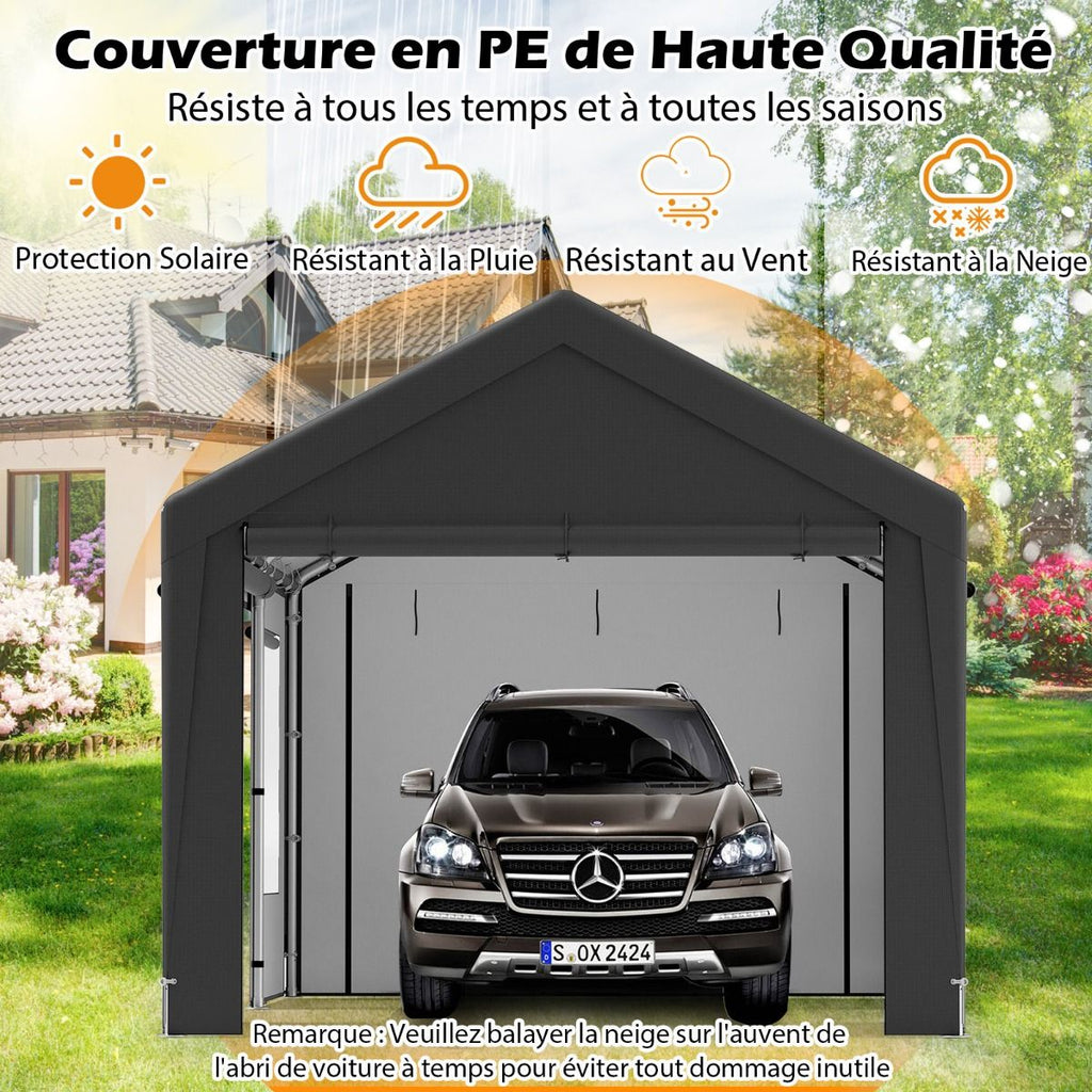 Abri de Voiture 595 x 300 cm Extérieur Tente de Garage avec 8 Parois Latérales Amovibles Portes Enroulables Fenêtres Ventilées Gris