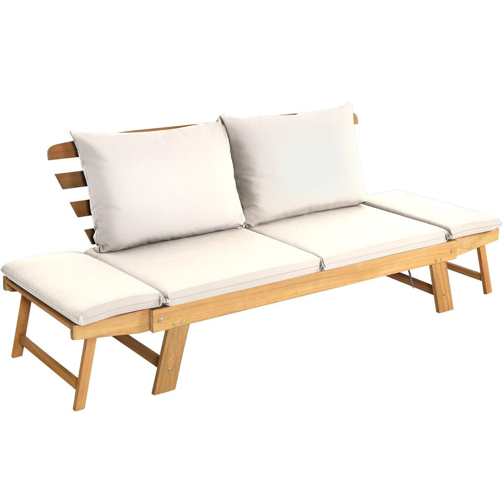 Chaise Longue Convertible avec Coussin Canapé de Jardin 2 en 1 en Bois d’Acacia avec Accoudoir Réglable pour Patio Piscine Jardin Blanc/Gris/Bleu/Rouge