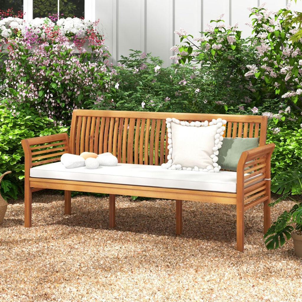 Banc de Terrasse en Bois 3 Places Banc en Acacia de 159 cm de Long avec Coussins d'Assise Doux Dossier et Accoudoirs Ergonomiques Blanc
