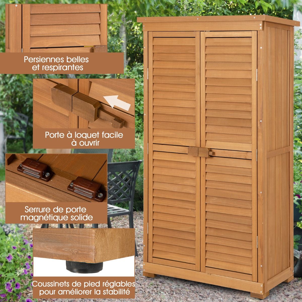 Abri de Jardin En Bois 160 Cm Toit en Asphalte 2 Portes Verrouillables avec Loquet Armoire Cabane en Sapin Pré-Huilé Imperméable 3 étagères Amovibles Naturel