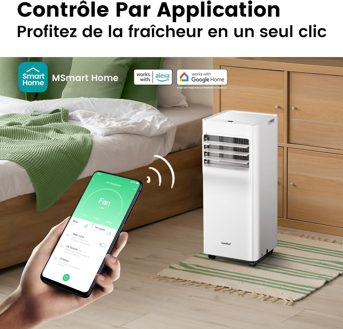 COMFEE' Climatiseur Mobile 9000 BTU/h 2,6kW, 3-EN-1 Refroidisseur Déshumidificateur Ventilateur, Fonction Follow me, Minuterie, Mode nuit, Pour salon et maison de 33©O/88m3, MPPH-09CRN7, R290