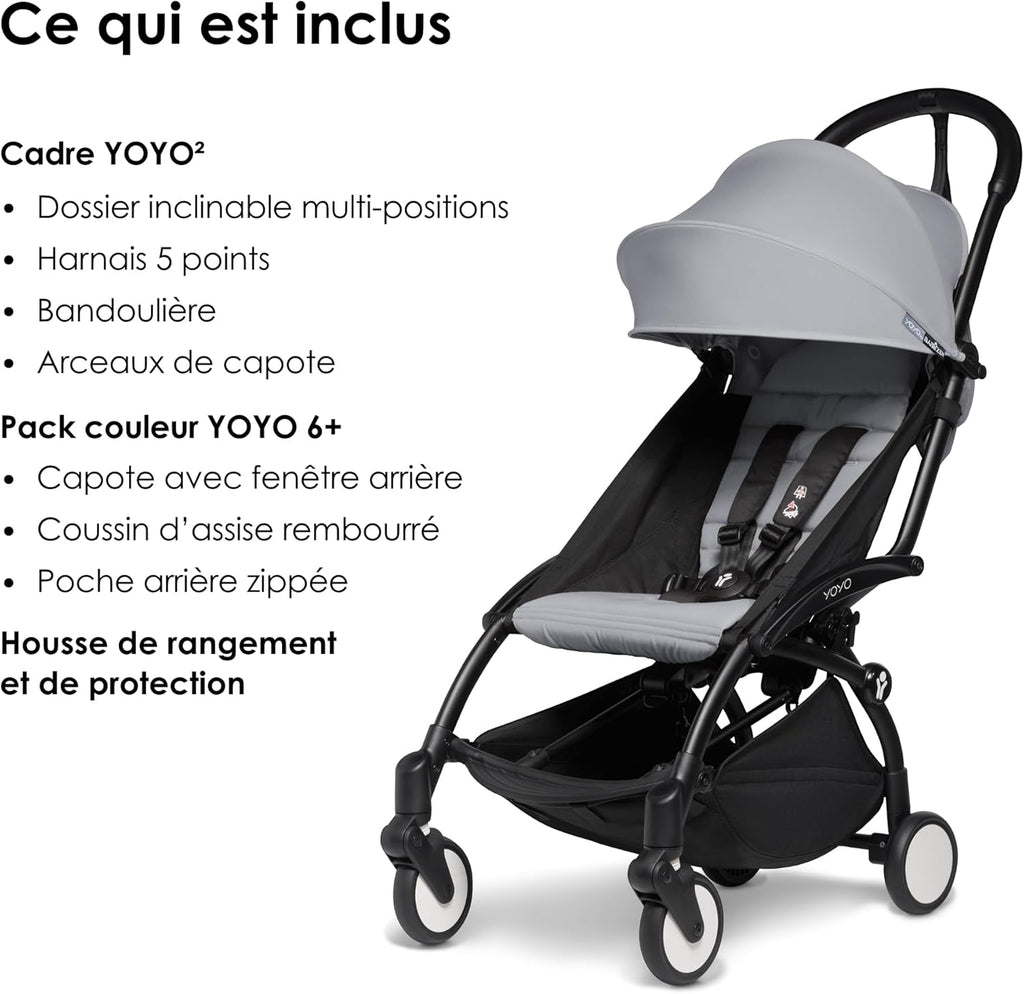Poussette BABYZEN YOYO2 6+ (Cadre noir + pack couleur Aqua) - Comprend un harnais, un dossier, des arceaux de capote, une bandoulière, un coussin d’assise, et une capote assortie