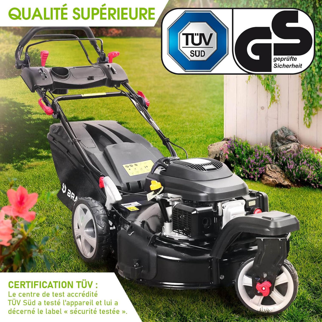 BRAST tondeuse thermique 3 roues TRIKE E-START 224cc 53cm tractée démarrage électrique mulching 4en1 capot en t?le en acier 60l - moteur 4 temps de la marque fran?aise GT reglable