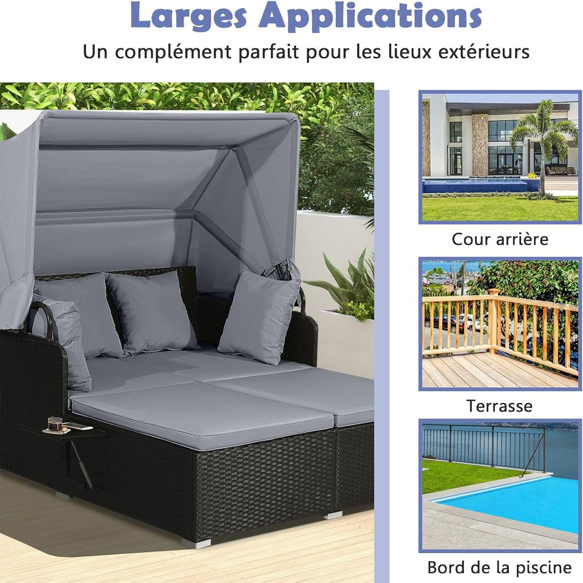 Chaise Longue à 2 Places en Rotin avec Auvent Rétractable Bain de Soleil avec Panneaux Latéraux Pliables Charge 360KG Beige/Gris