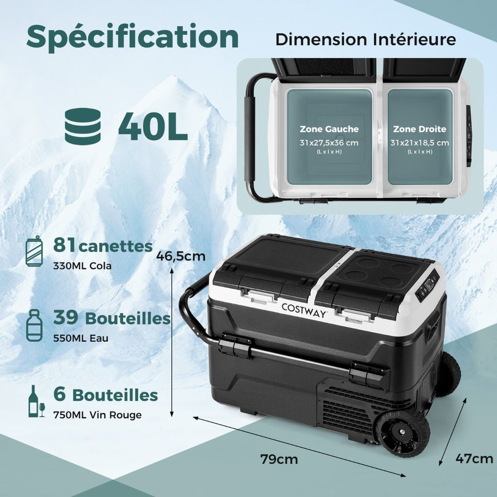 Glacière électrique Portable Double Zone 40L Réfrigérateur de Voiture 12 V à Compresseur -20°C?~?20°C 12/24V CC et 100-240V CA Noir