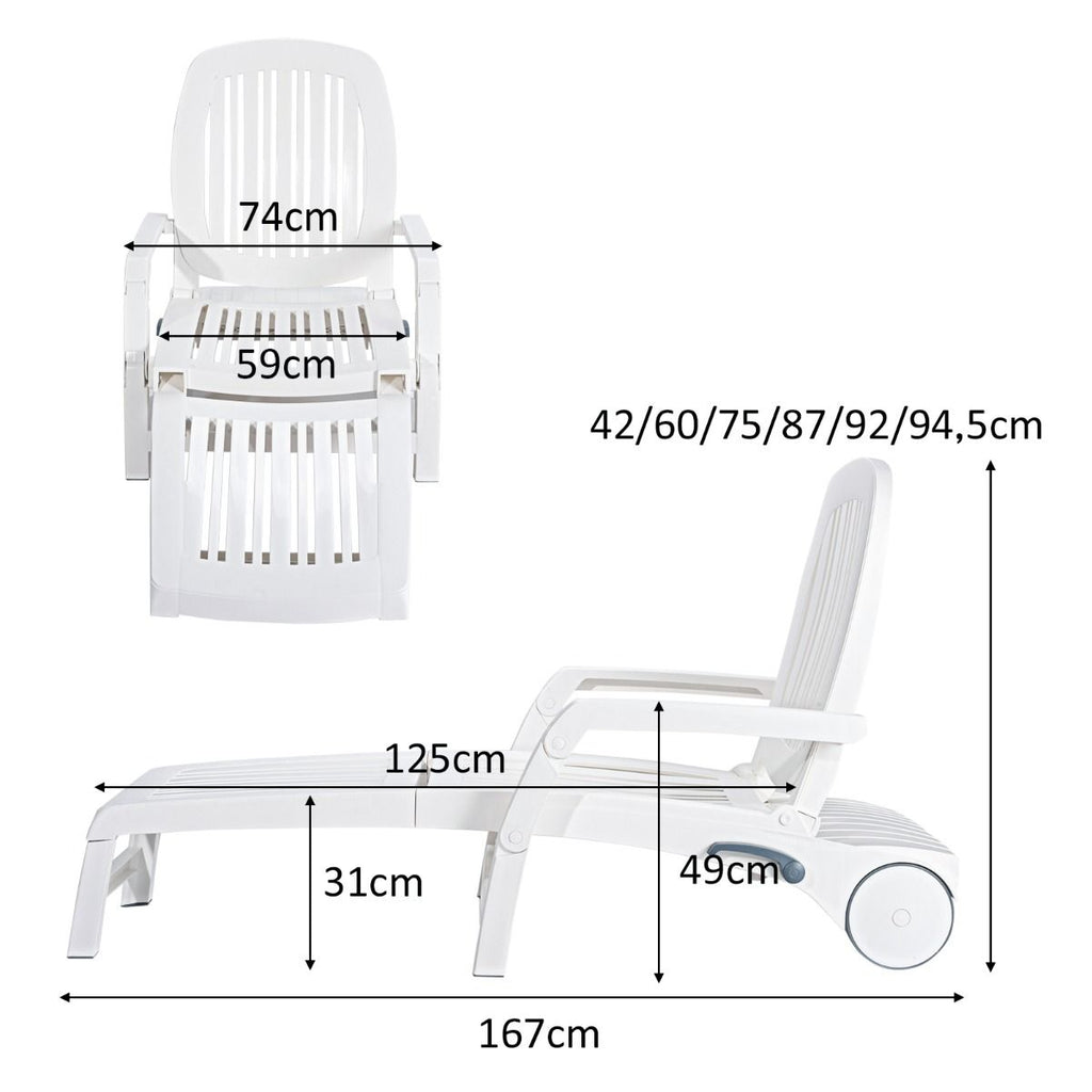 Chaise Longue Inclinable Réglable à 5 Positions avec Roues Flexibles Fauteuil Relax de Camping avec Bo?te de Rangement Charge 150KG Blanc