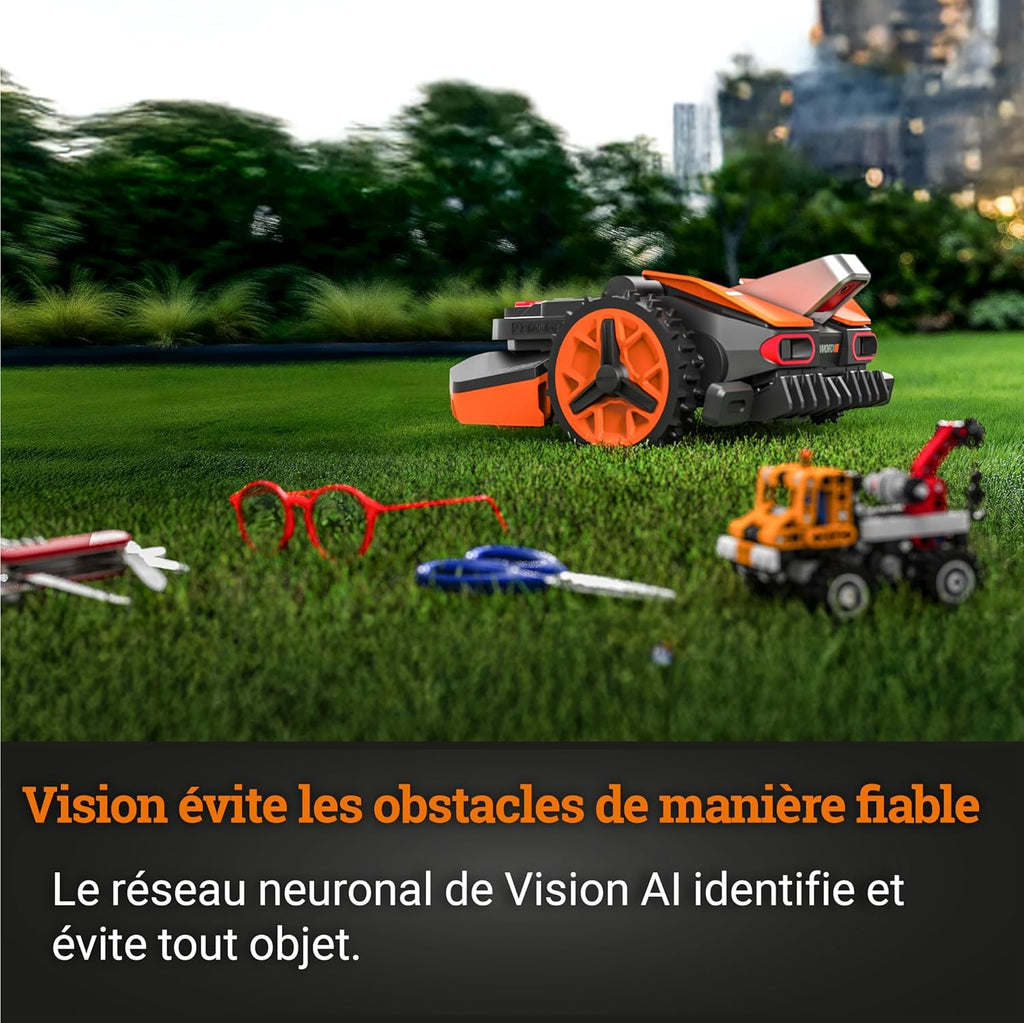 WORX LANDROID Vision WR206E.1, Robot Tondeuse sans Fil périphérique 600 m2 Surf.Max 700 m2, Installation en 30 Min, Caméra 4K + IA Adaptative, évite Tous Les Obstacles, Coupe des Bordures, Multizone