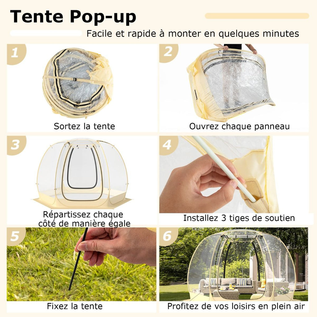 Tente Bulle à Ouverture Instantanée pour 6 à 10 Personnes Tente D?me d'Extérieur 328 x 328 cm Résistante Aux Intempéries Transparent