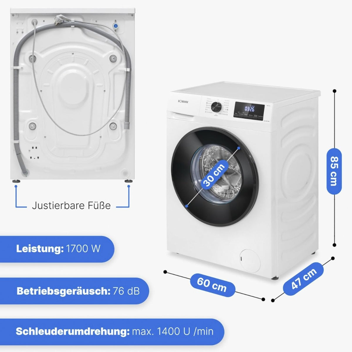 Bomann Machine à laver | 7kg | max 1400 tours | Garantie moteur 10 ans | Moteur inverter efficace, silencieux et durable | 15 programmes | Présélection du temps de fin | Affichage LED | Machine à