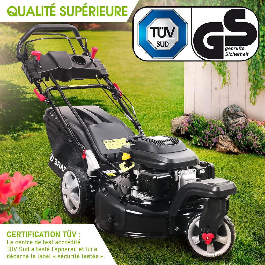 BRAST tondeuse thermique 3 roues TRIKE E-START 224cc 53cm tractée démarrage électrique mulching 4en1 capot en t?le en acier 60l - moteur 4 temps de la marque fran?aise GT reglable