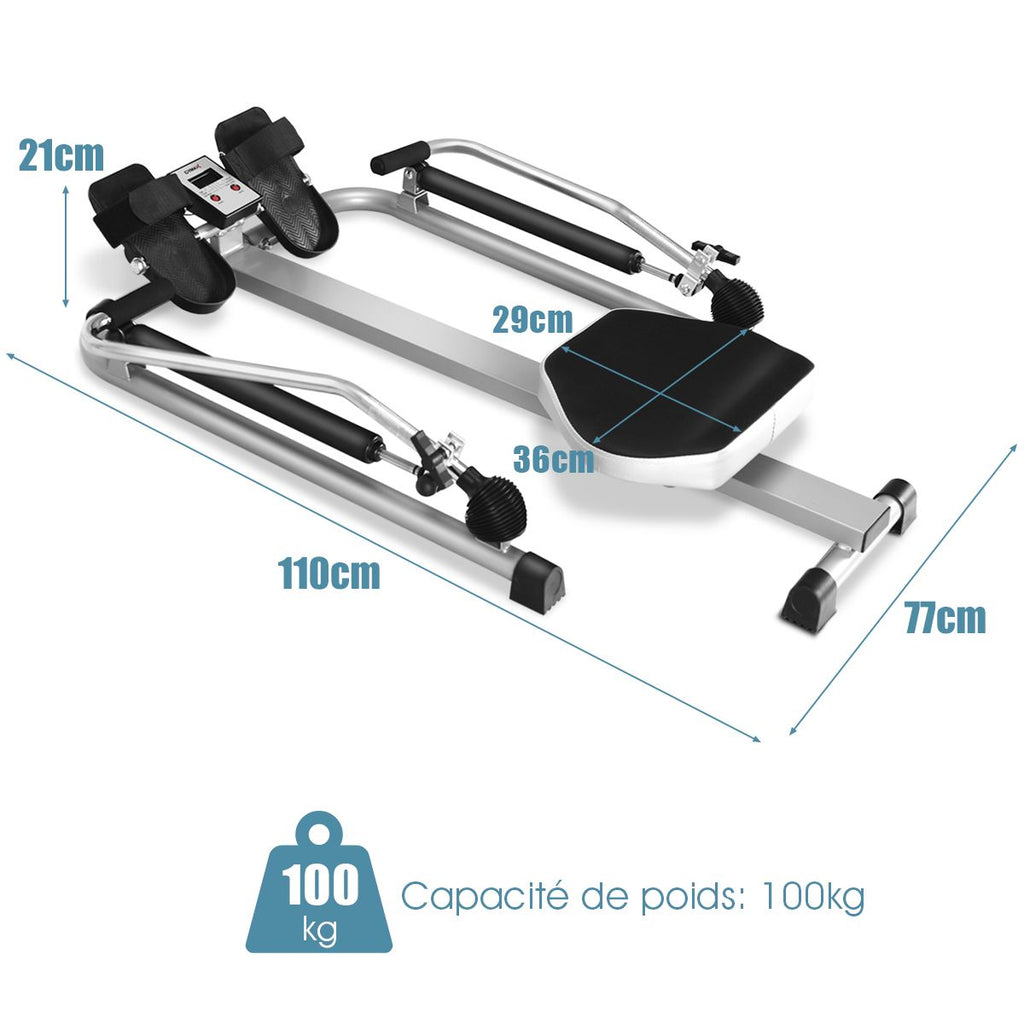 Rameur de Fitness Résistance Hydraulique Réglable 50kg Affichage LCD Pédale Antidérapante Charge de 100 kg Argenté