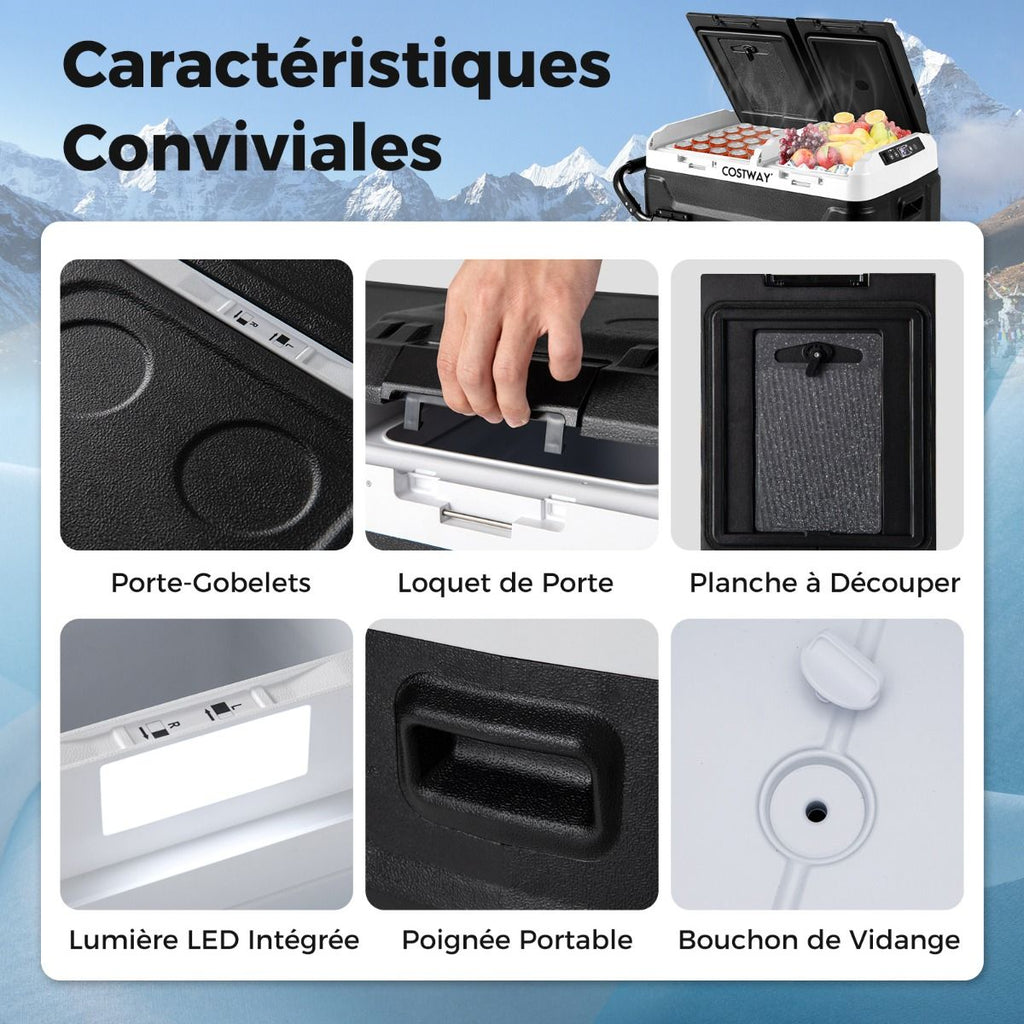 Glacière électrique Portable Double Zone 40L Réfrigérateur de Voiture 12 V à Compresseur -20°C?~?20°C 12/24V CC et 100-240V CA Noir