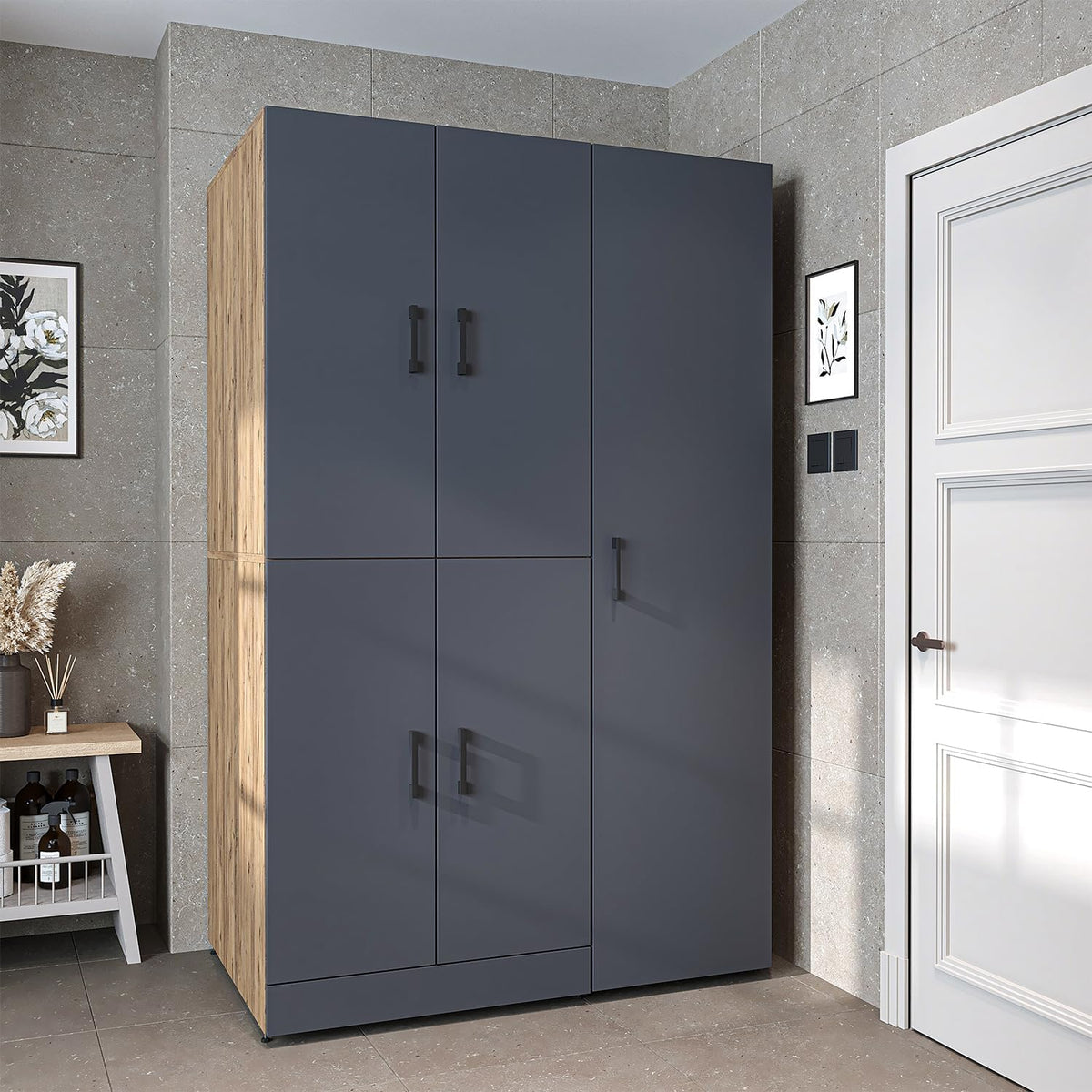 ROOMART Dora - Armoire de machine à laver - Pour sèche-linge et machine à laver - En 4 couleurs - Avec portes et panneau coulissant - Blanc - Chêne blanc - Chêne anthracite - Chêne blanc (chêne blanc)