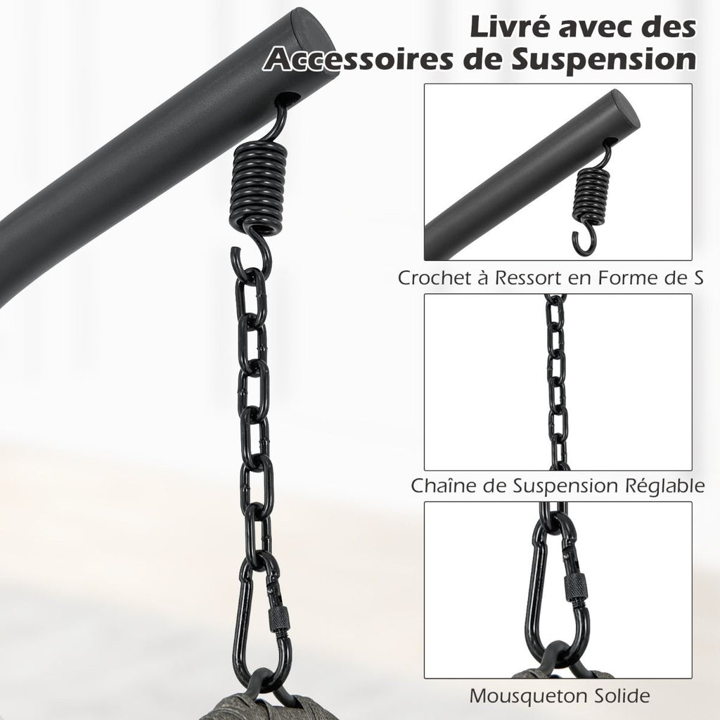 Chaise Oeuf en Rotin PE avec Support avec Oreiller et Coussin Chaise Suspendue avec Accessoires de Suspension Capacité 160 Kg Gris