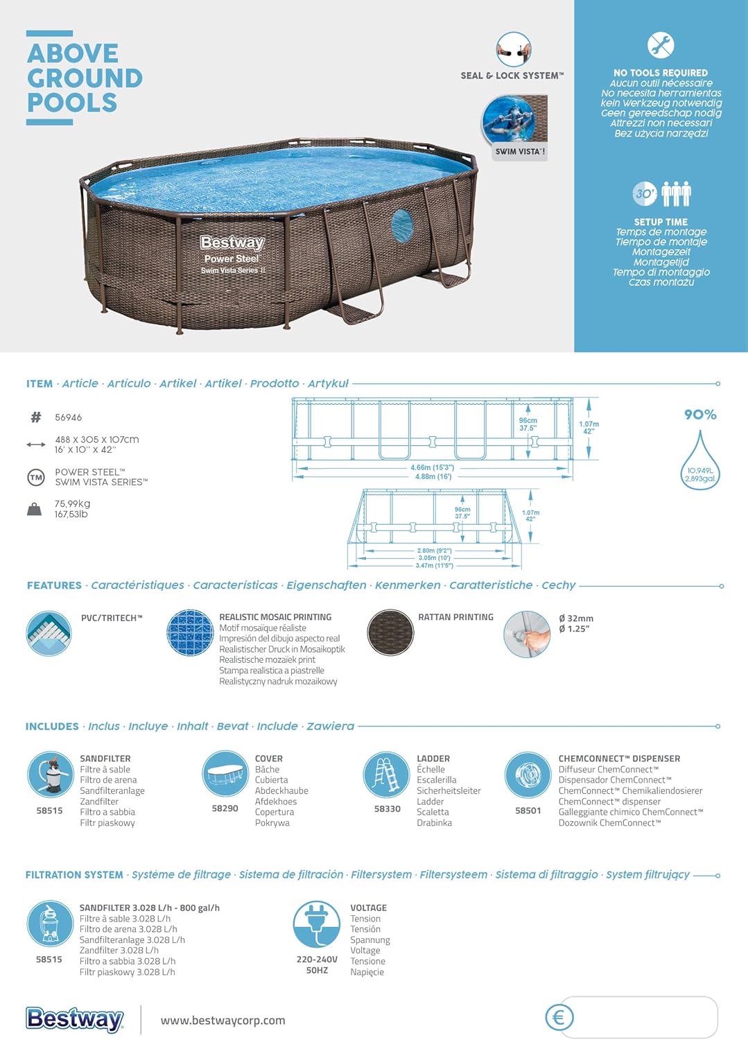 Bestway 56946 Piscine Power Steel? Swim Vista ovale 488 x 305 x 107 cm motif rotin avec hublots, filtration à sable, échelle, bache et diffuseur Chemconnect?