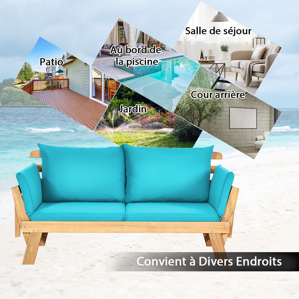 Chaise Longue Convertible avec Coussin Canapé de Jardin 2 en 1 en Bois d’Acacia avec Accoudoir Réglable pour Patio Piscine Jardin Blanc/Gris/Bleu/Rouge