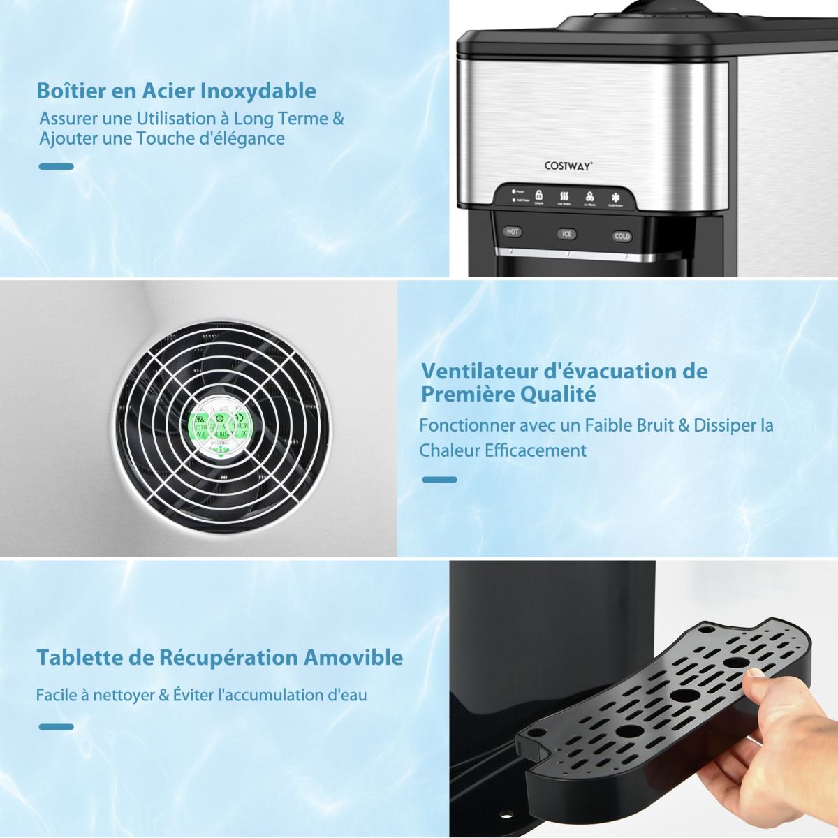 Machine à Gla?ons 3 en 1 avec Distributeur d'Eau Froide/Chaude 20 kg en 24h Cube de Glace 6-13 min pour Maison Bureau Bar