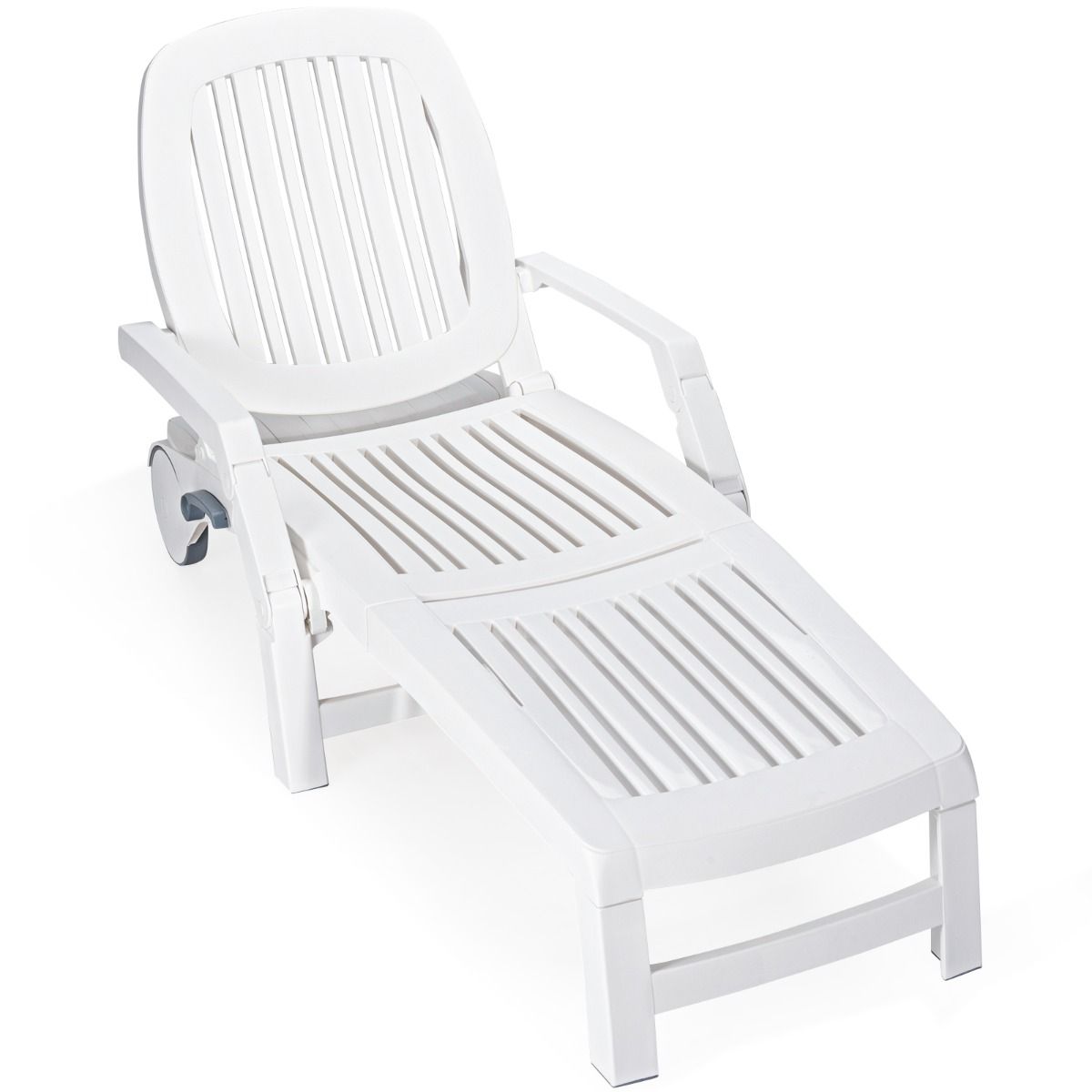 Chaise Longue Inclinable Réglable à 5 Positions avec Roues Flexibles Fauteuil Relax de Camping avec Bo?te de Rangement Charge 150KG Blanc