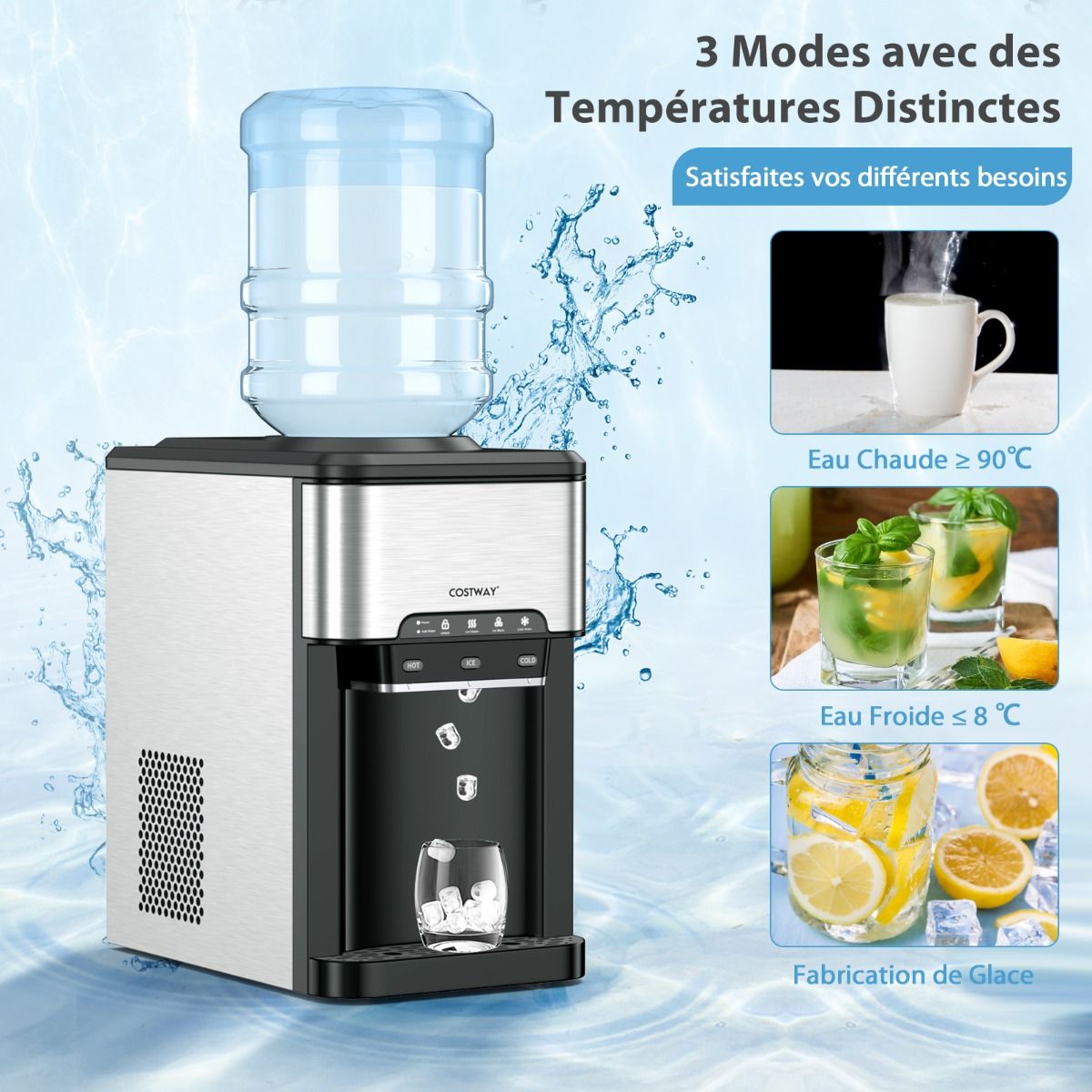 Machine à Gla?ons 3 en 1 avec Distributeur d'Eau Froide/Chaude 20 kg en 24h Cube de Glace 6-13 min pour Maison Bureau Bar