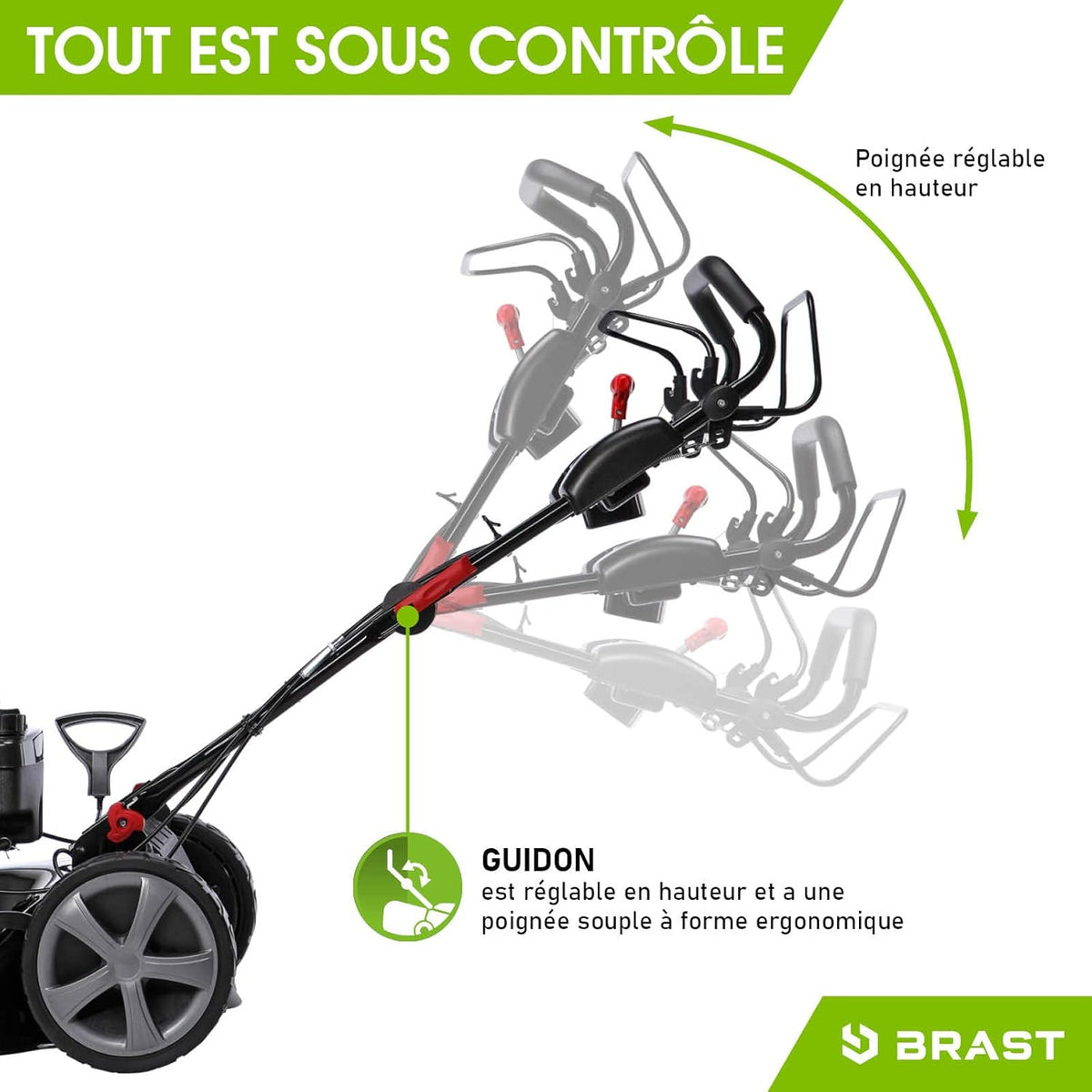 BRAST tondeuse thermique 3 roues TRIKE E-START 224cc 53cm tractée démarrage électrique mulching 4en1 capot en t?le en acier 60l - moteur 4 temps de la marque fran?aise GT reglable