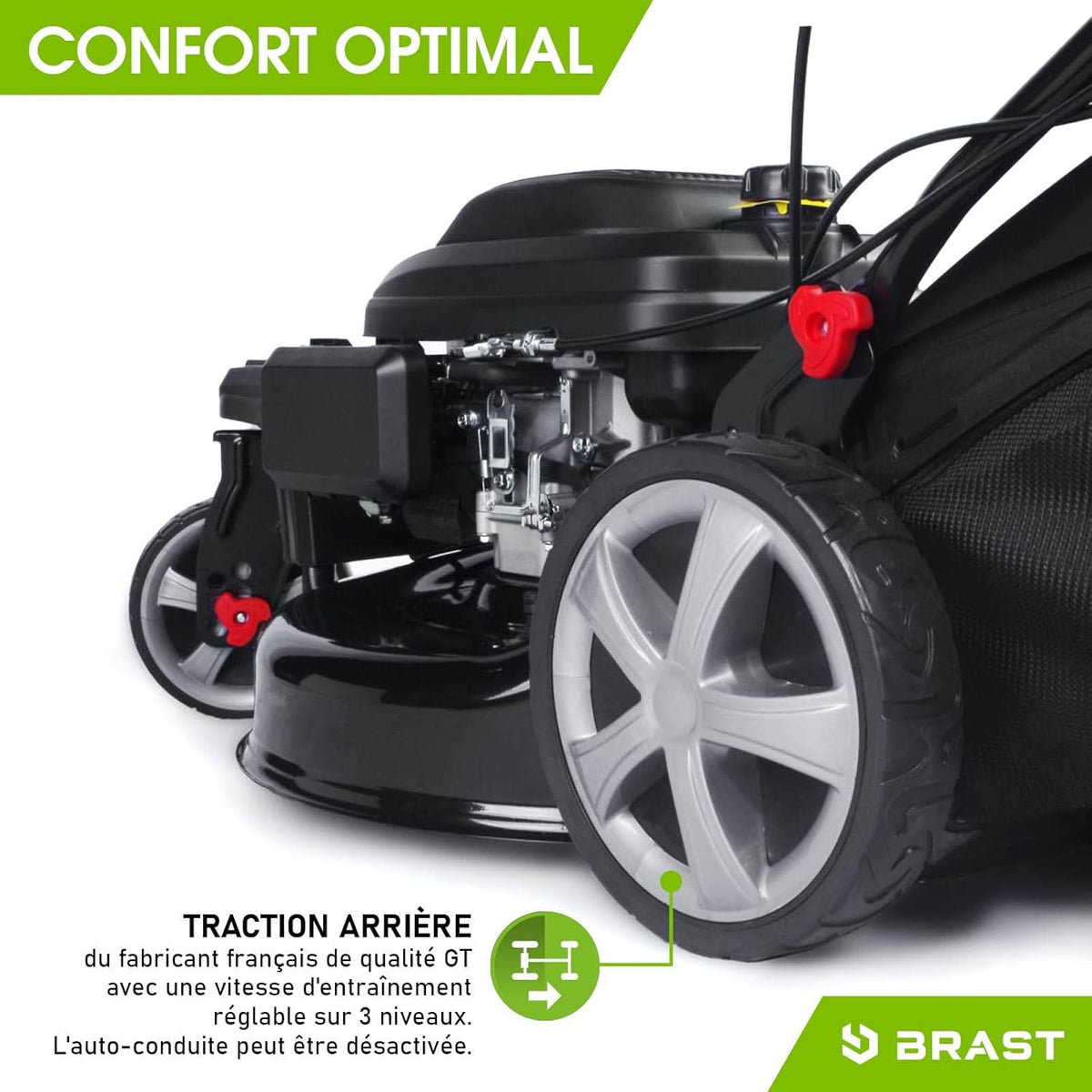 BRAST tondeuse thermique 3 roues TRIKE E-START 224cc 53cm tractée démarrage électrique mulching 4en1 capot en t?le en acier 60l - moteur 4 temps de la marque fran?aise GT reglable