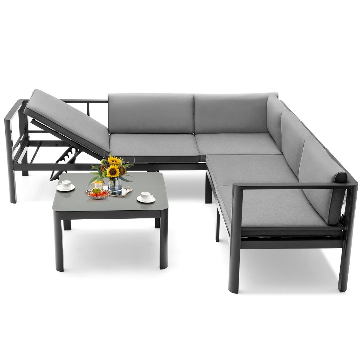Salon de Jardin Extérieur avec Table Basse en Verre Trempé Canapéavec Dossier Inclinable à 6 Niveaux Coussins Inclus Gris