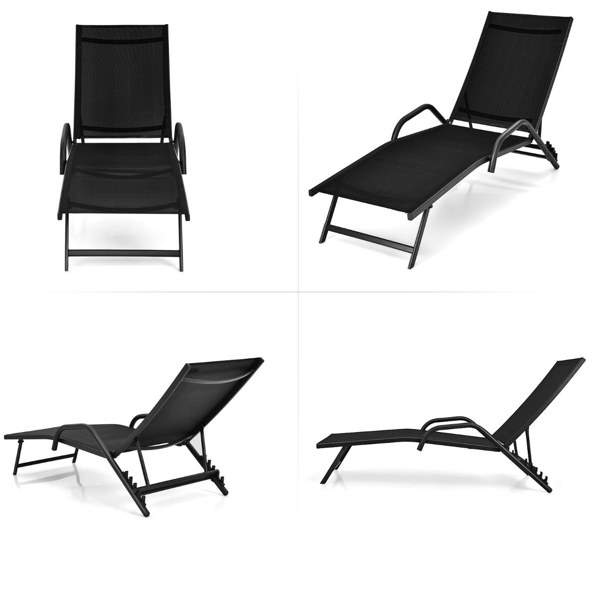 Lot de 2 Bains de Soleil Inclinables d'Extérieur avec Accoudoirs et Dossier Réglable à 5 Positions Charge 160 kg Noir