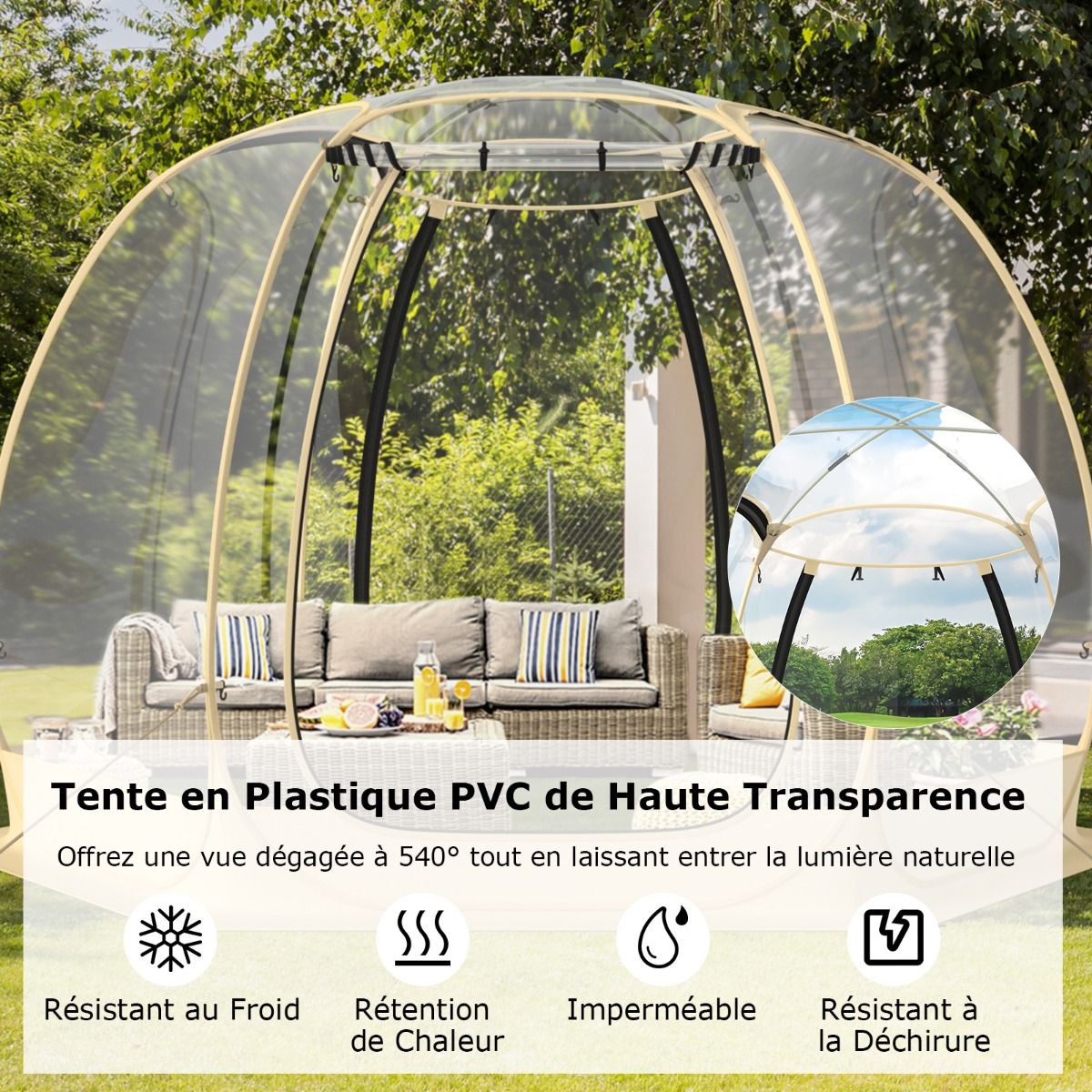 Tente Bulle à Ouverture Instantanée pour 6 à 10 Personnes Tente D?me d'Extérieur 328 x 328 cm Résistante Aux Intempéries Transparent