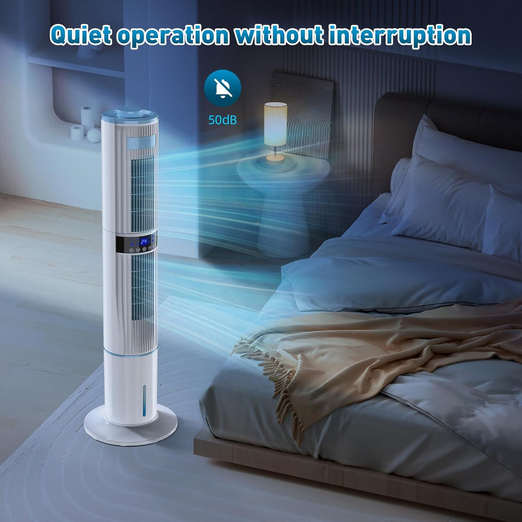 Climatiseur Mobile Silencieux Rafra?chisseur d'air avec Humidificateur, Ventilateur, 2 Sortie d'air, 360°Oscillation, 65W, 24H Minuteries, 3 Vitesses, 4 Modes,Télécommande pour Chambre Bureau