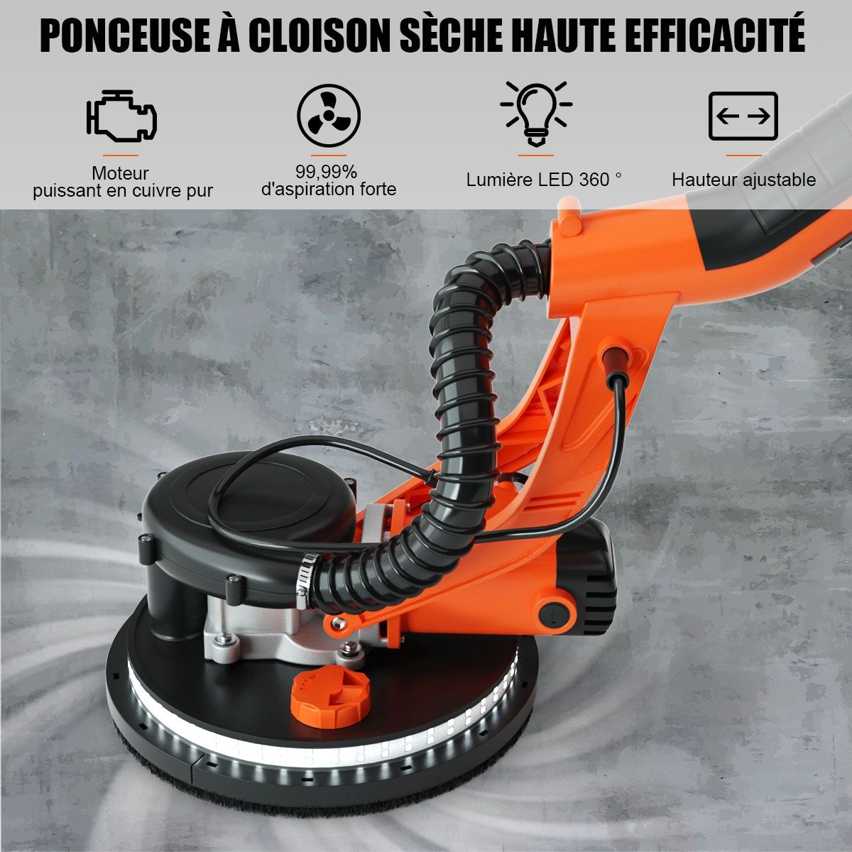 Ponceuse à Platre Murale 750W ? 225mm Aluminium 6 Vitesses Variables Lumières LED Manche Télescopique 12 Disques Abrasifs