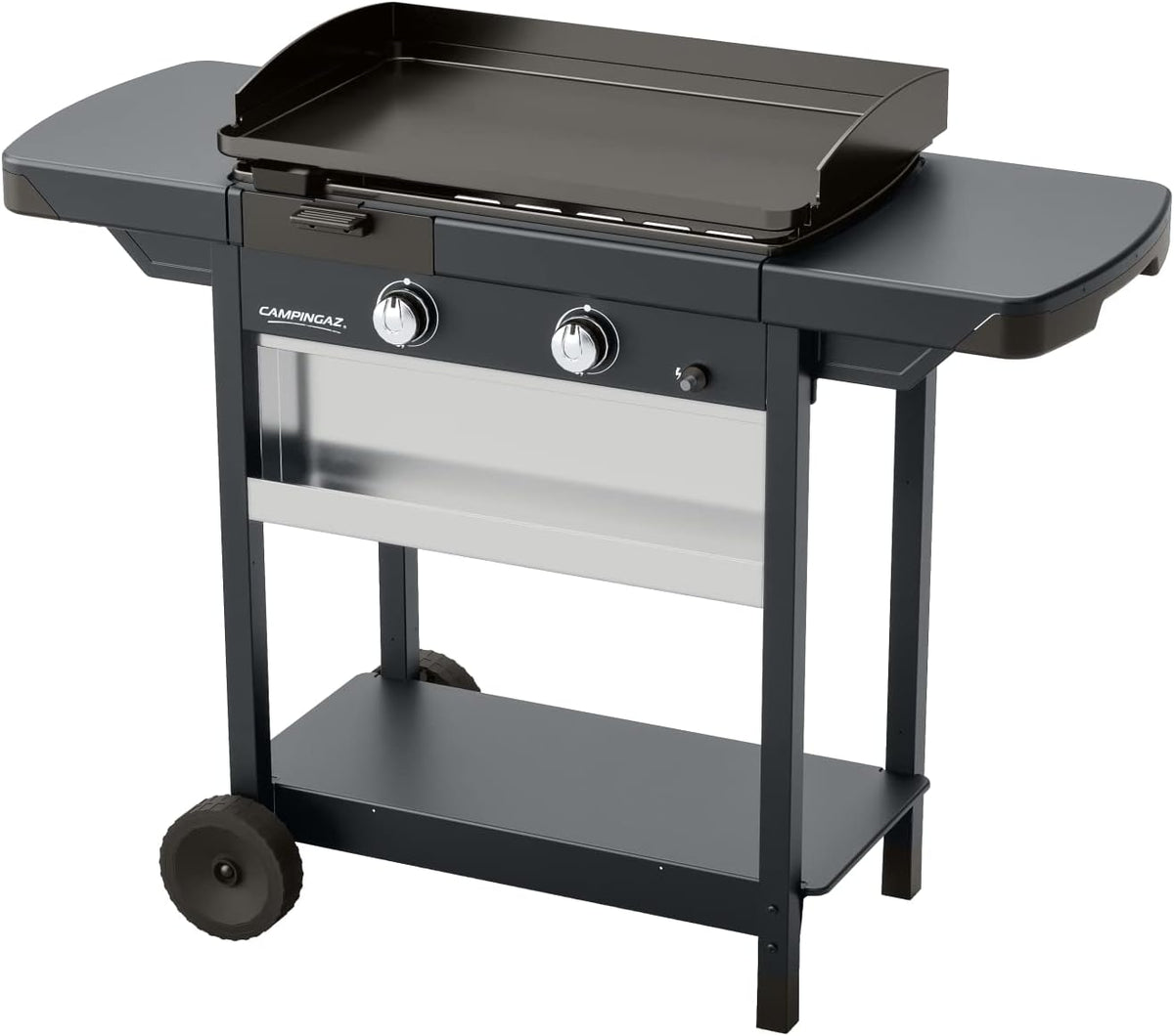 Campingaz Plancha EXB Plus, plancha au gaz sur chariot, grill gastronomique avec plaque en acier émaillé et 2 br?leurs, puissance 7500 W, pour des grillades méditerranéennes, Noir