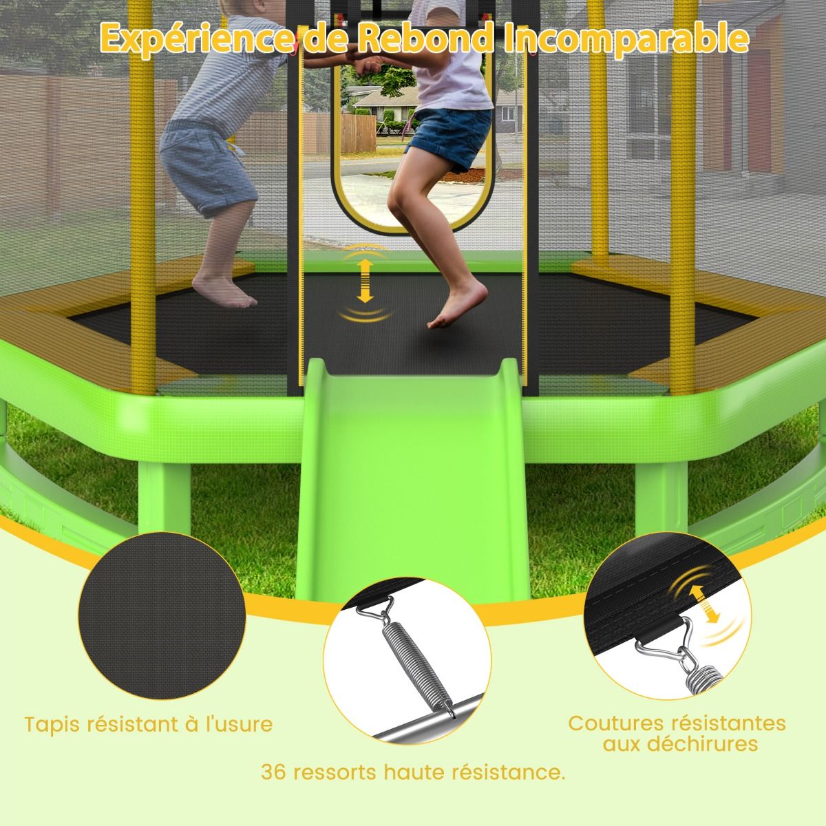 Trampoline Extérieur ? 223cm avec Toboggan&Echelle avec Filet de Sécurité 2 Portes en U Charge 270kg pour 2-3 Enfants de 3 Ans+ Bleu/Vert