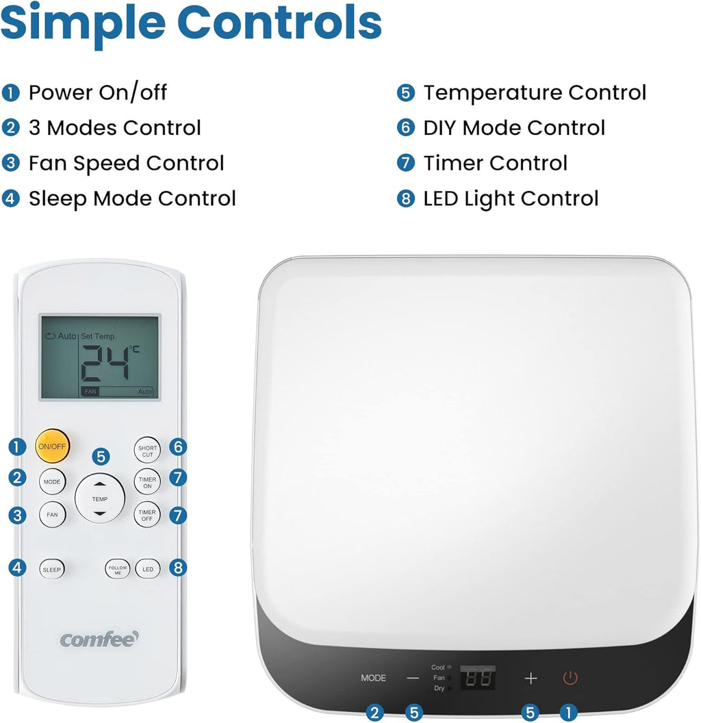 COMFEE' Climatiseur Mobile 9000 BTU/h 2,6kW, 3-EN-1 Refroidisseur Déshumidificateur Ventilateur, Fonction Follow me, Minuterie, Mode nuit, Pour salon et maison de 33©O/88m3, MPPH-09CRN7, R290