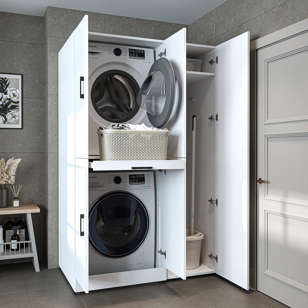 ROOMART Dora - Armoire de machine à laver - Pour sèche-linge et machine à laver - En 4 couleurs - Avec portes et panneau coulissant - Blanc - Chêne blanc - Chêne anthracite - Chêne blanc (chêne blanc)