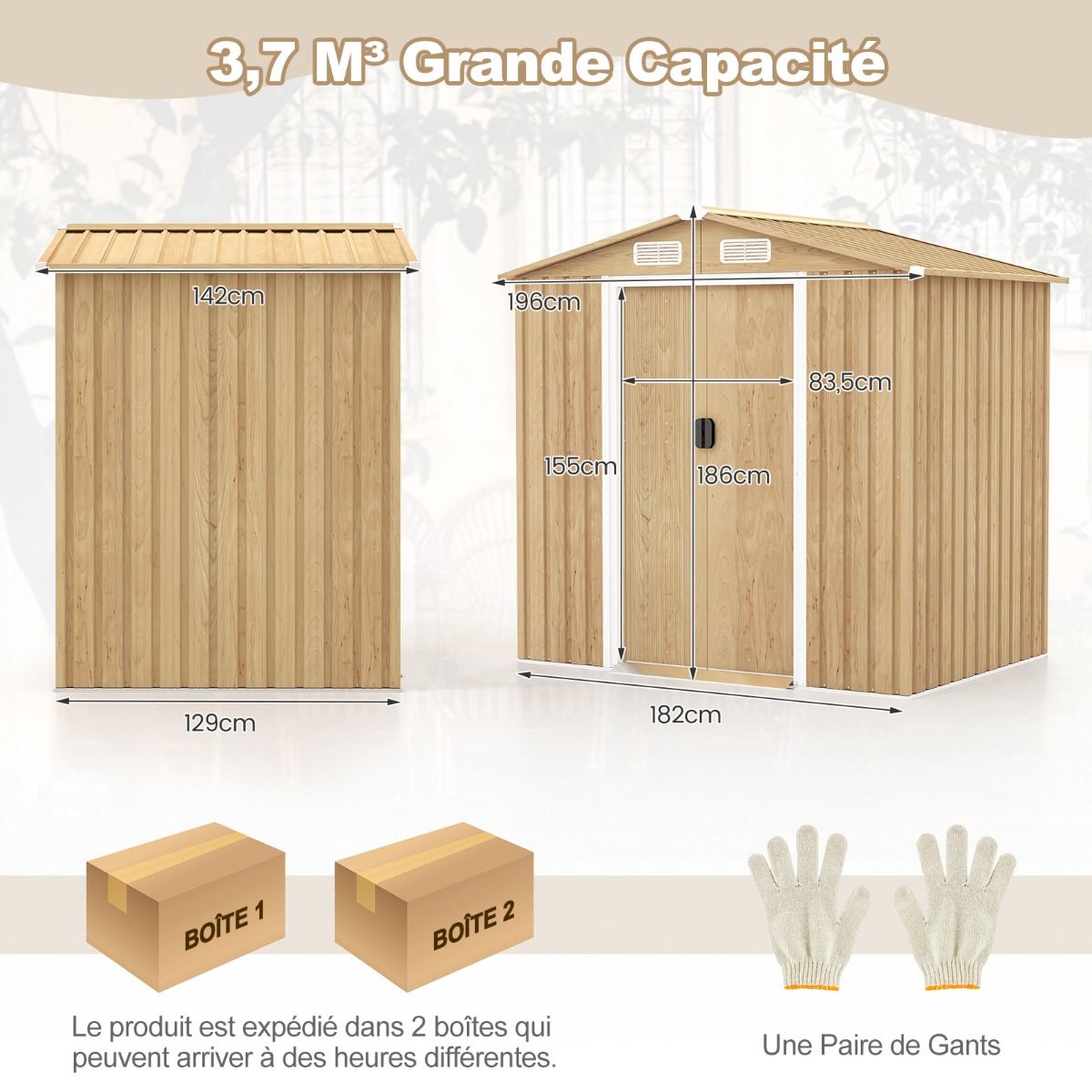 Abri de Jardin 2.3©O en Acier Galvanisé Anti-UV 196x142x186cm Cabane de Jardin Exterieur 3.7m3 avec Porte Coulissante Rampe Naturel