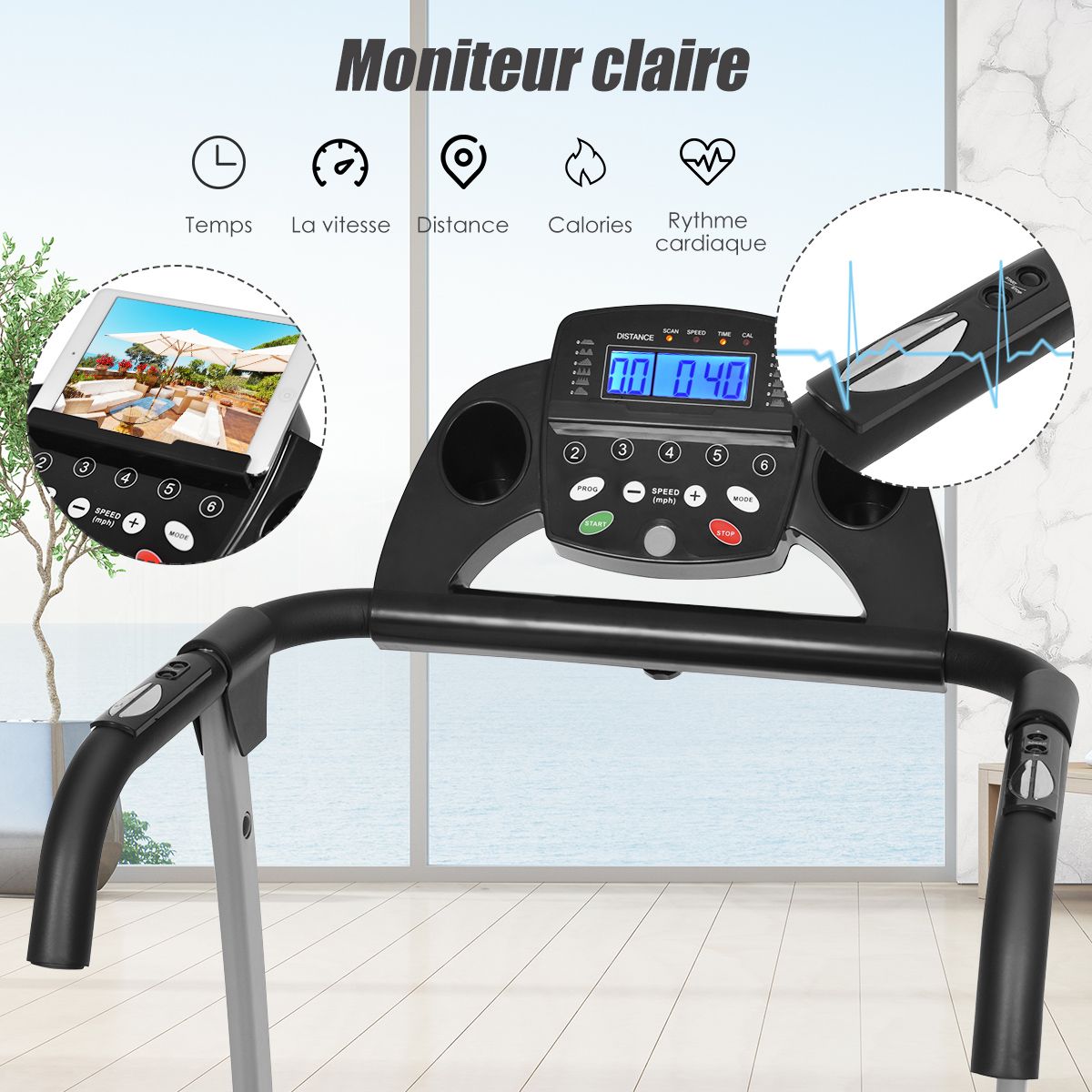 Tapis de Course électrique Pliable avec écran et Moniteur de Fréquence Cardiaque avec Vitesse de 1 à 10 km/h et 12 Programmes Noir