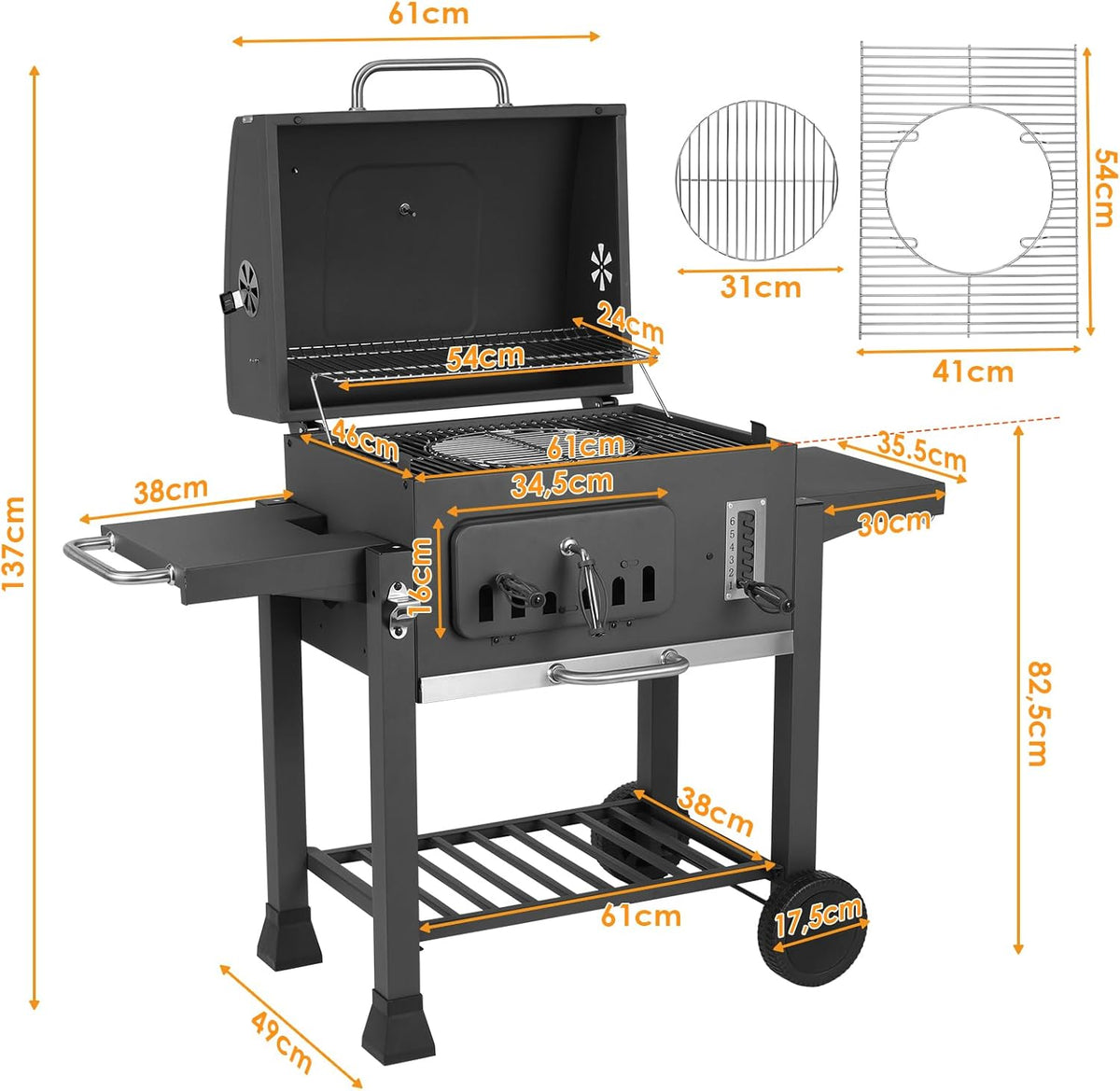 Barbecue Charbon de Bois XL, Chariot à Barbecue, Grill XL à Charbon avec Couvercle, Roues et Thermomètre, Réglable en Hauteur, Grand Barbecue au Charbon de Bois, pour Camping et Jardin, Noir